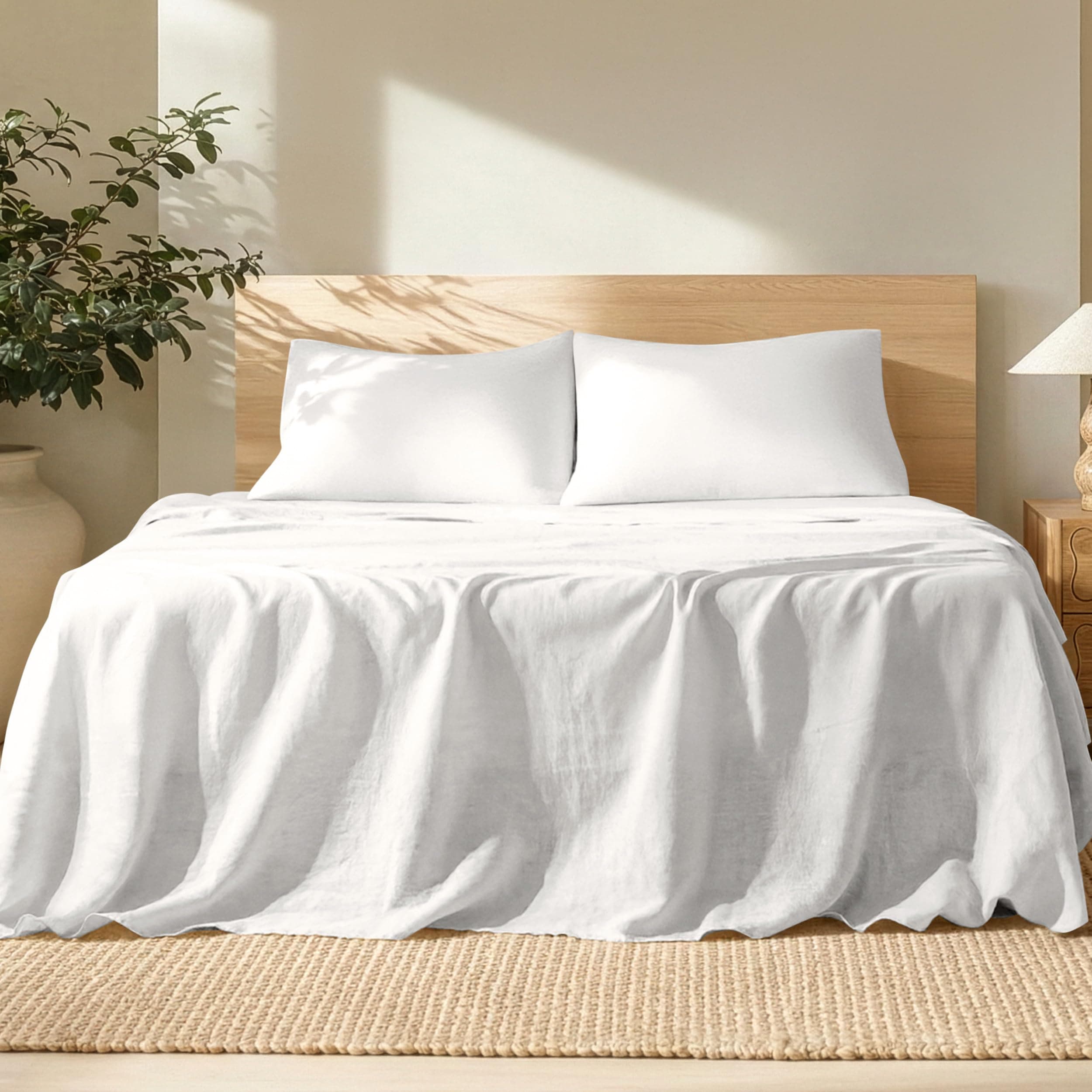 Bare Home Queen Sheet Set - Luxury 100% Linen Bed Sheets - Deep Pockets - Easy Fit - 4 Piece Set - Bedding Sheets & Pillowcases (Queen, Soft White)