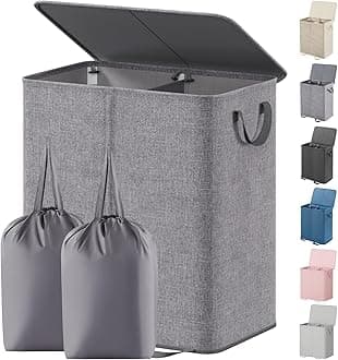 Lifewit Double Laundry Hamper with Lid and Removable Laundry Bags, Large Collapsible 2 Dividers Dirty Clothes Basket with Handles for Bedroom, Laundry Room, Closet, Bathroom, College, 136L Gray