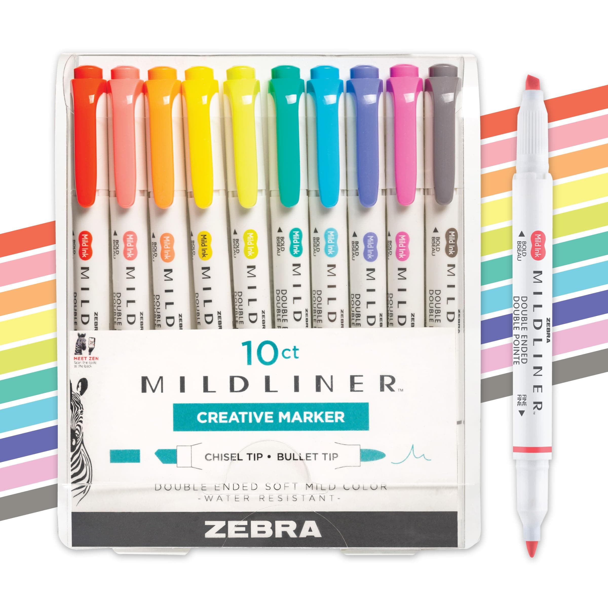 Mildliner Dual-Tip Highlighter Set, Broad and Fine Tips, No Bleed, Ideal for Bible Highlighting, Journaling, Note-Taking and School Supplies, Friendly Ink Colors, 10-Pack (78501)