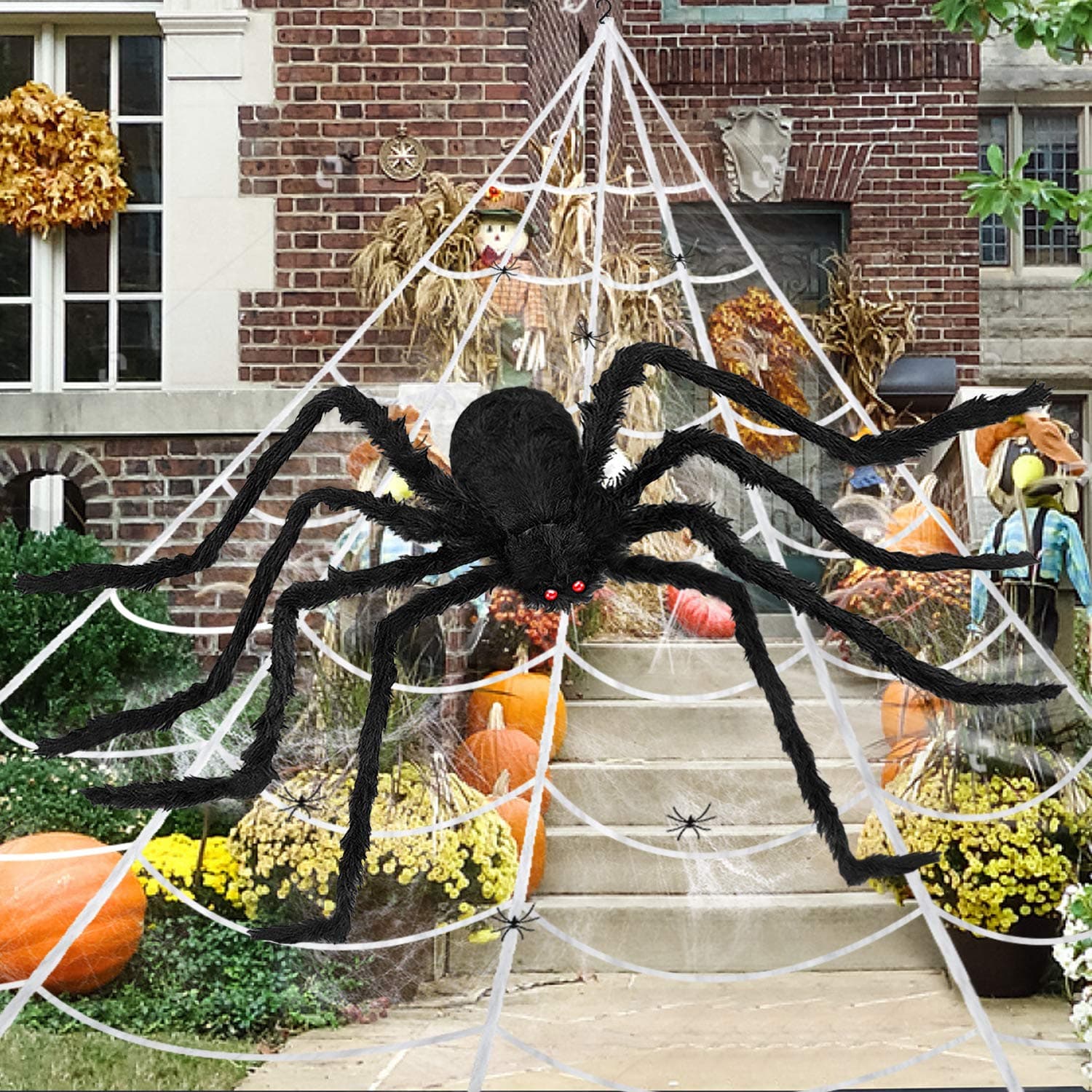 Cusocue Halloween Decorations,Spider Web Stretch Cobweb with Fake Giant Spider, Perfect for for Indoor Outdoor Halloween Decorations Yard Lawn Home Costumes Party Haunted House Décor