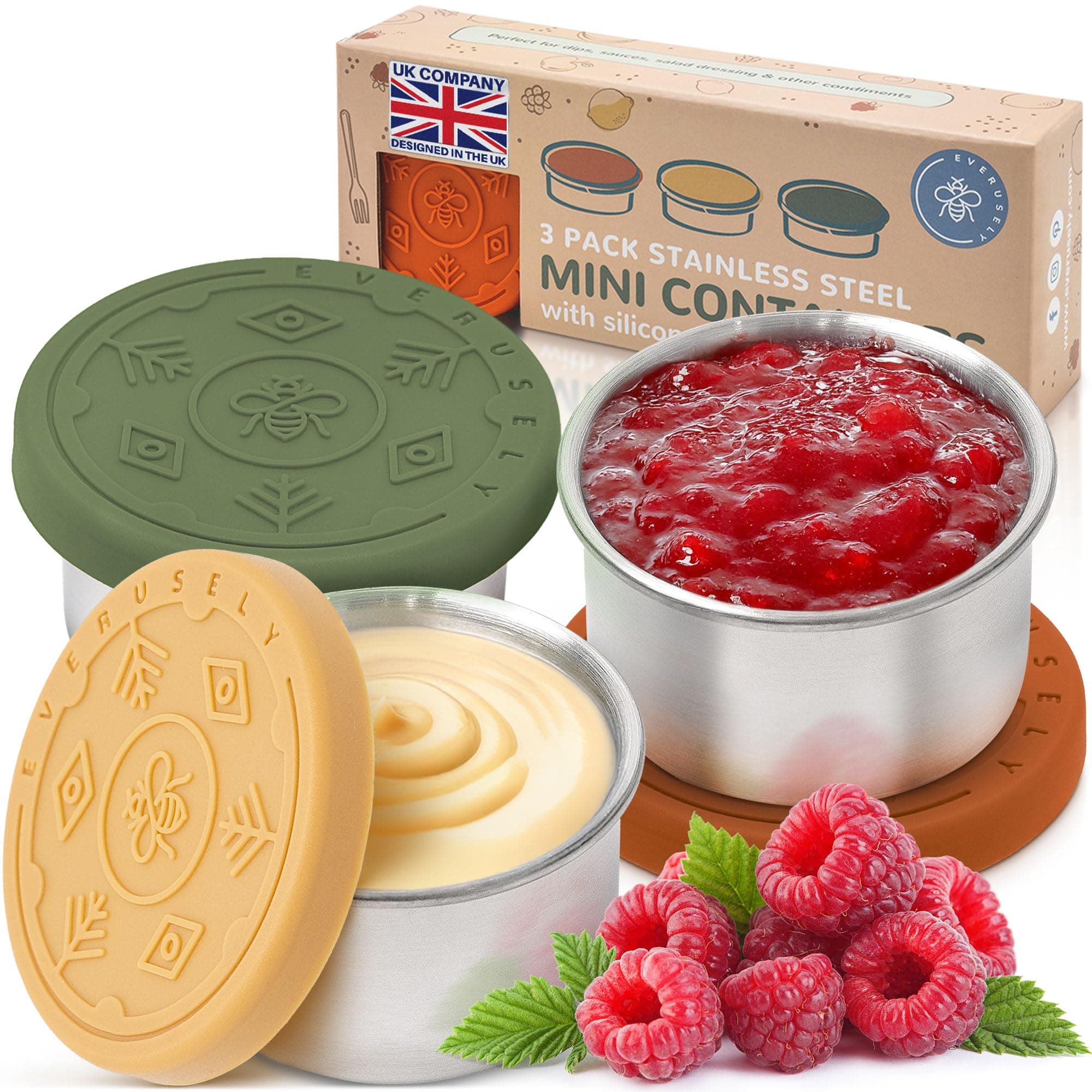 Everusely Condiment Cups - 3 Pack, 1.7 oz / 50 ml, Muted, Stainless Steel - Condiment Containers with Lids - Reusable Salad Dressing Container To Go - Sauce & Dip Cup for Lunchbox, Meal Prep