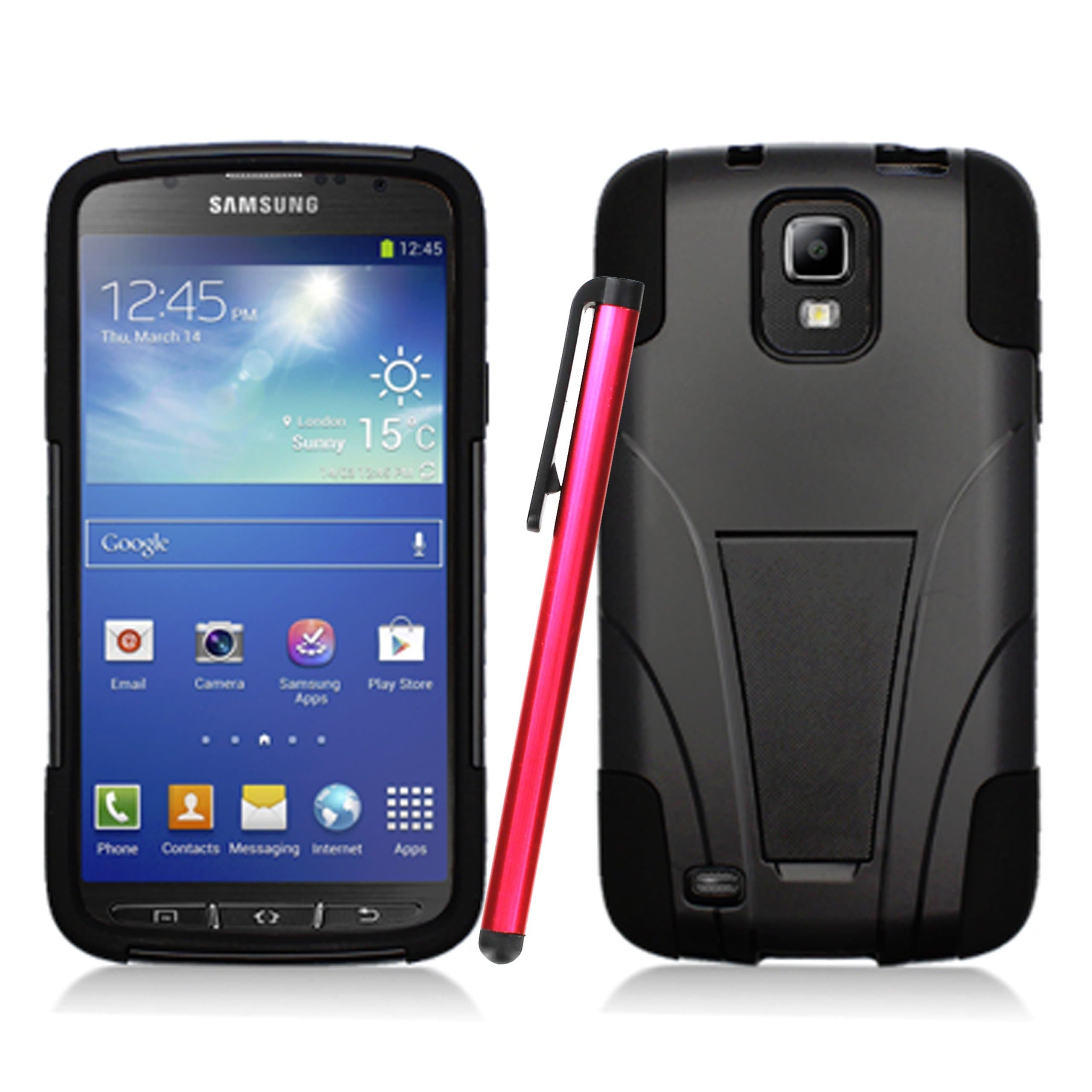 Samsung Galaxy S4 S 4 Active Black/Black Dual Layer Hybrid Tough Case + NakedShield Invisible Screen Protector and Stylus Pen