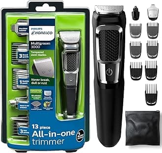 Philips Norelco Multi Groomer - 13 piece Mens Grooming Kit for beard, face, nose, and ear hair trimmer and hair clipper - NO BLADE OIL NEEDED, MG3750/60