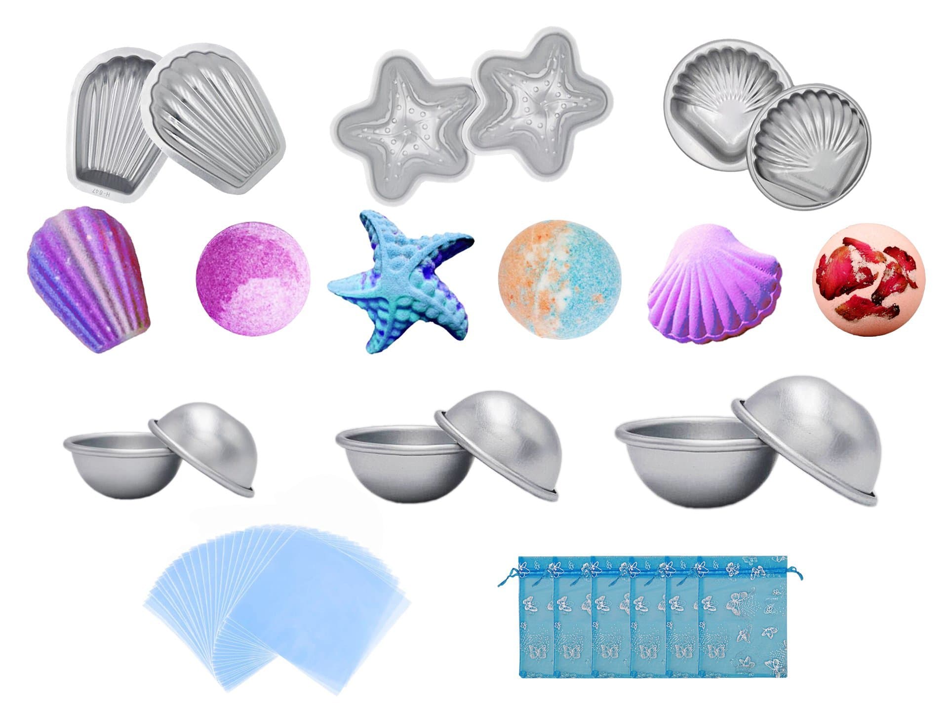 Bath Bomb Mold Set Kit - 6 Set 12 Pieces（3 Size 6 Hemispheres,2 Starfish,2 Shell Shape,2 Scallop）with 6 Gift Bags 100 Shrink Wrap Bags For Bath Bombs Handmade Soaps & Pudding Cake