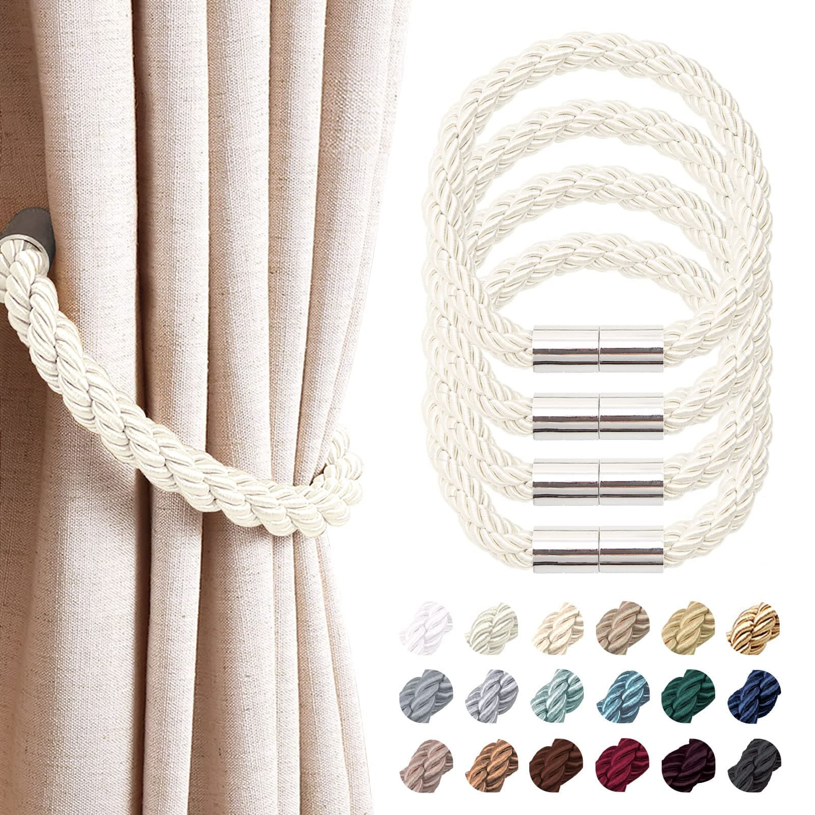 NICEEC 4 Pack Strong Magnetic Curtain Tiebacks Modern Simple Style Drape Tie Backs Convenient Decorative Weave Rope Curtain Holdbacks for Thin or Thick Home & Office Window Draperies (Cream)