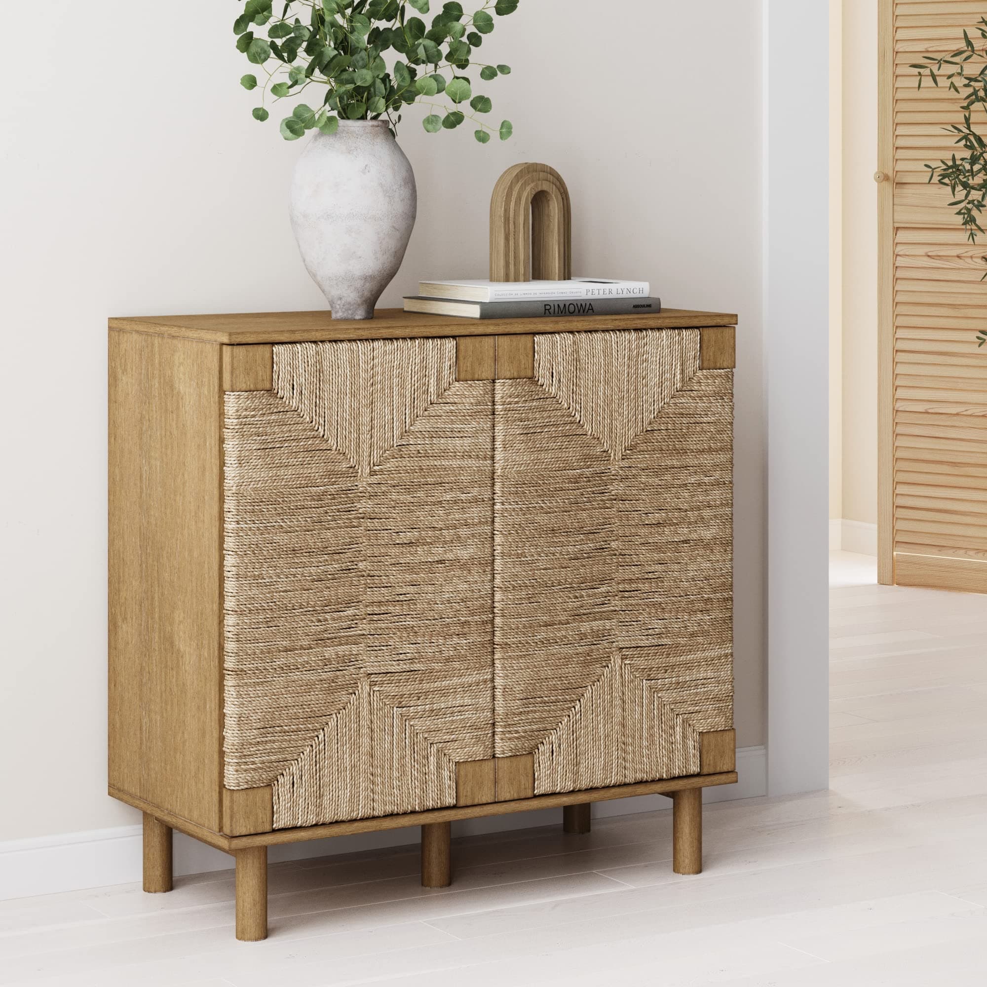 Boho Modern Free Standing Buffet Sideboard Hallway, Entryway, Dining Living Room, Engineered Wood Seagrass, Beacon-Light Brown, 1 Storage Cabinet