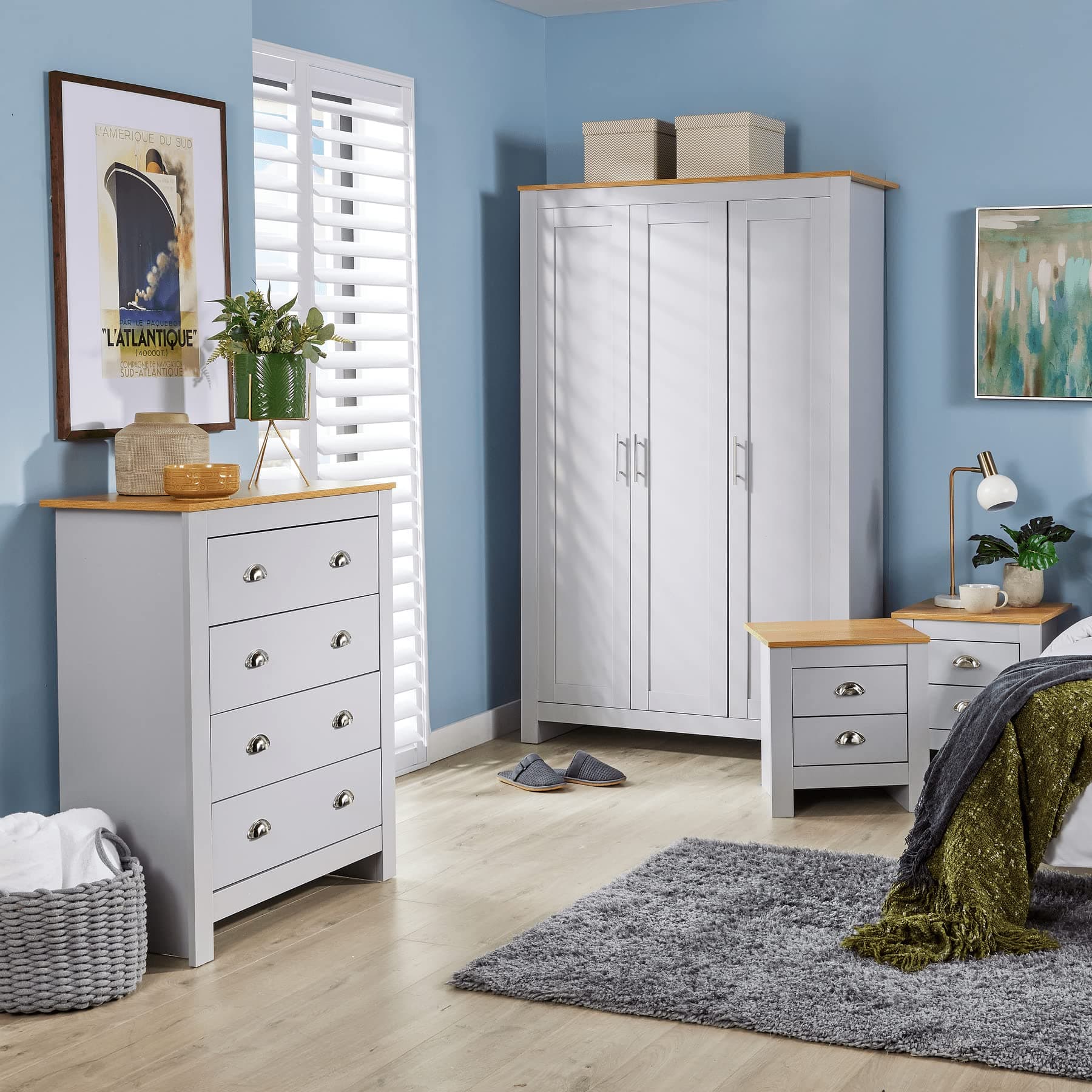 Home Source Grey Oak Two Tone 4 Piece Bedroom Set, Wardrobe Bedside Chest of Drawers