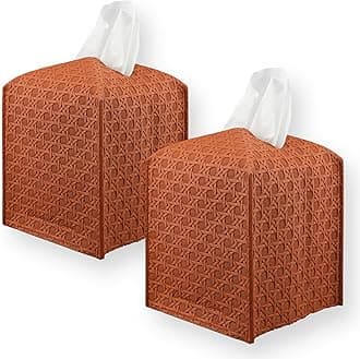 Premium PU Leather Tissue Box Holder–Modern Cover for Home, Office, Car–Stylish Cube Organizer for Standard Kleenex Tissues – Durable, Easy Refill, Rattan Design (Camel 2 Pack)