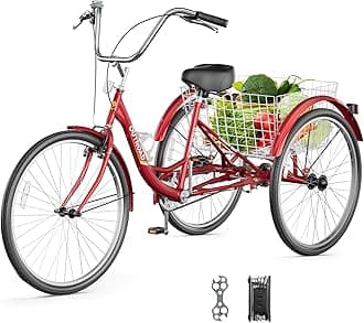 Outroad Adult Tricycle, 24/26 inch 1/7 Speed Cruiser Trike, 3 Wheel Bikes with Large Basket for Seniors, Women, Men, Adult Trikes for Shopping Picnic Outdoor Sports,Red Blue and Purple