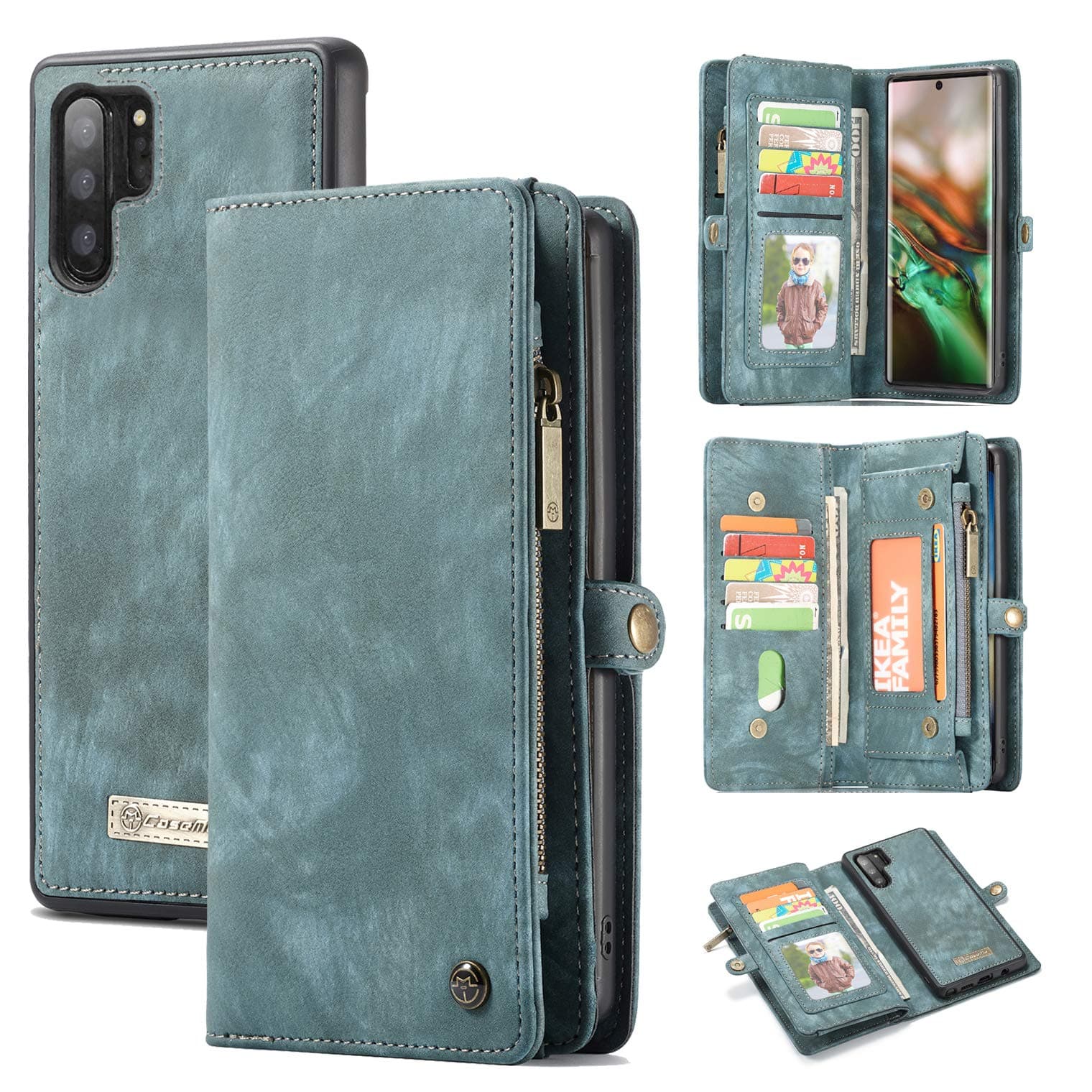AKHVRS Galaxy Note10 Plus Wallet Case, Handmade Premium Cowhide Leather Wallet Case,Zipper Wallet Case [Magnetic Closure] Detachable Magnetic Case & Card Slots for Samsung Galaxy Note 10 Plus - Blue