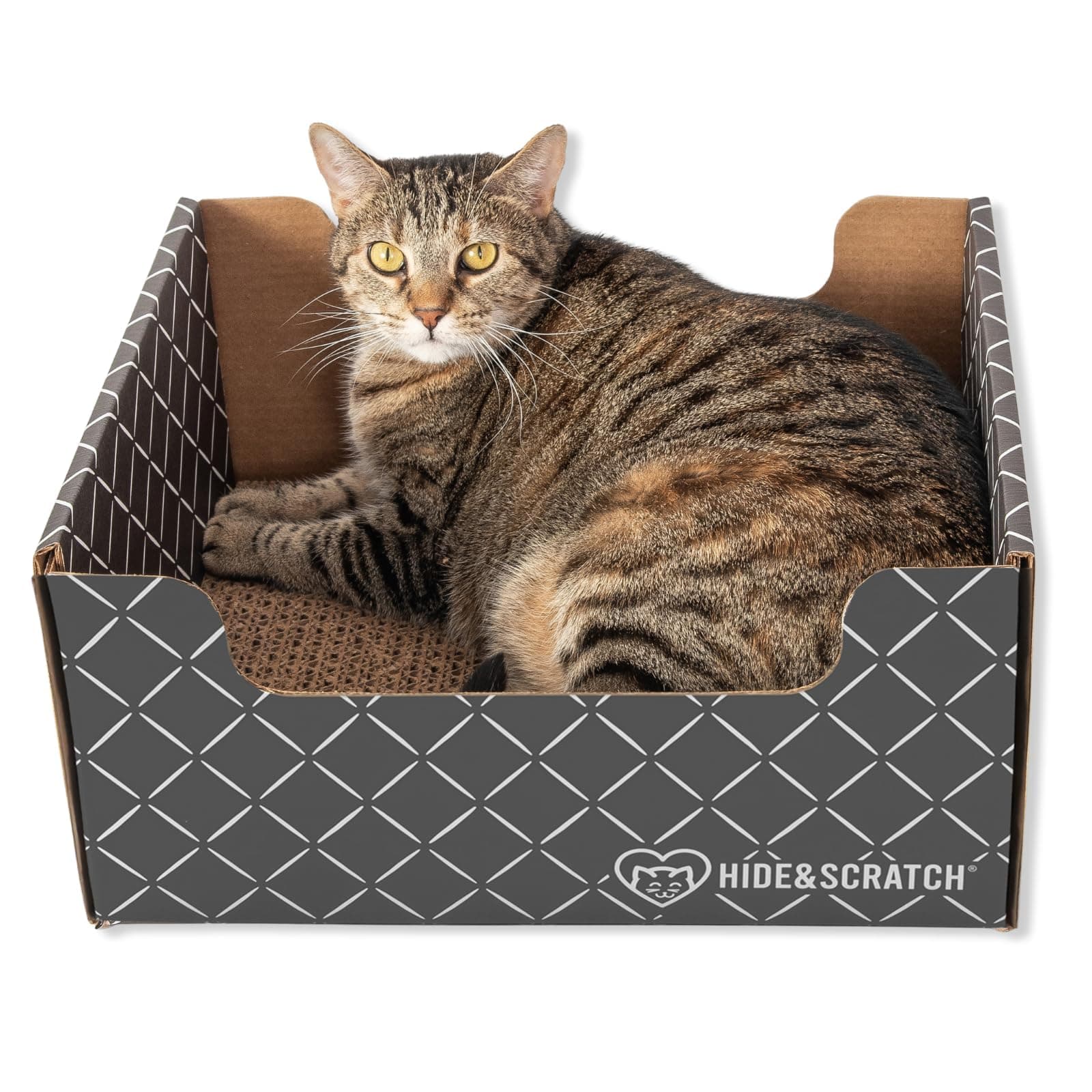 Cardboard Cat Scratcher Box & Bed - Dark Grey Diamond | Double-Sided Corrugated Pad for Indoor Cats | Refillable Scratching Board Toy for Play & Furniture Protection