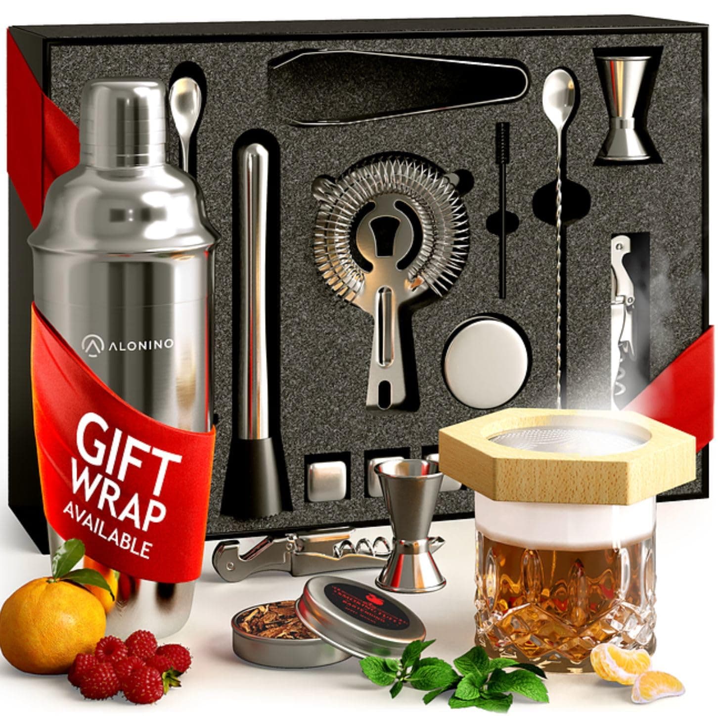 Bartender Cocktail Kit & Smoking Kit - Bartender Kit & Cocktail Shaker, Whiskey & Cocktail Shaker Set - Whiskey Smoker Cocktail Set for Drinks, Old Fashioned Cocktail Smoker - 21 Piece Bar Set