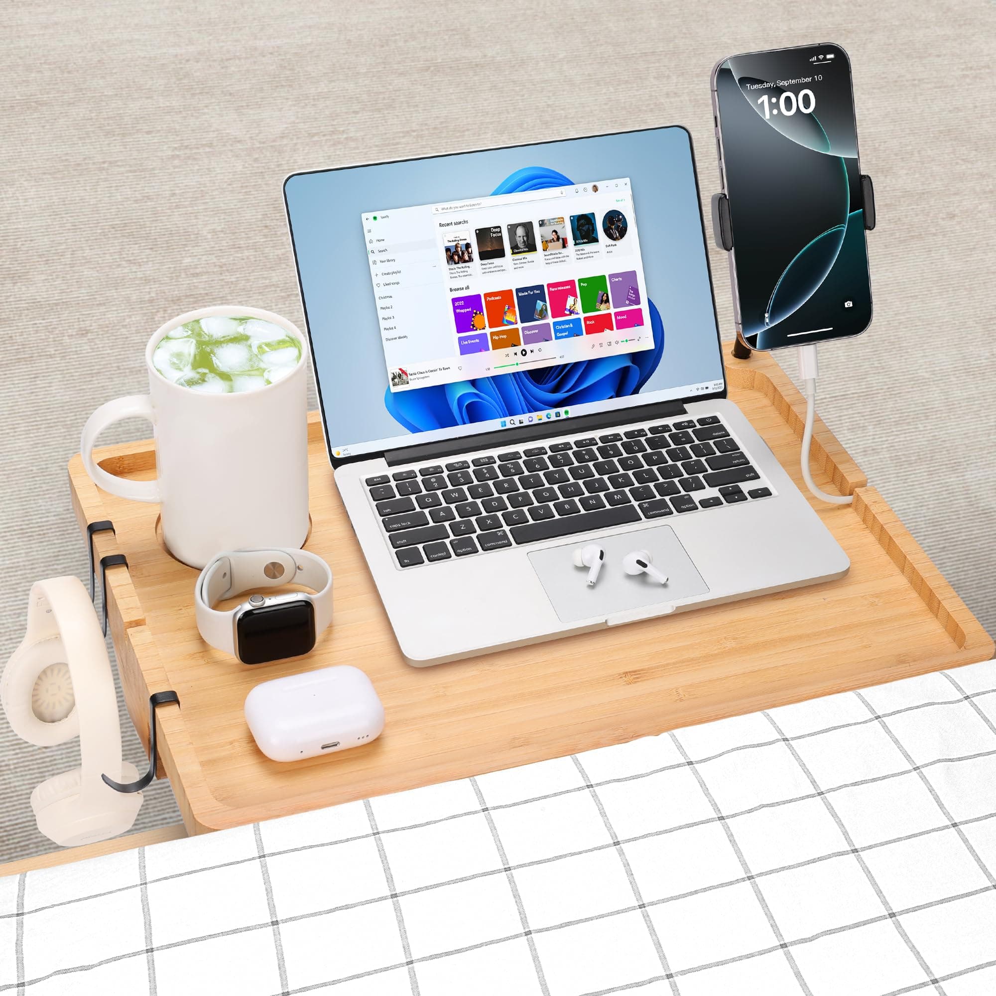 Fivebop Bedside Shelf for Dorm Bed & Top Bunk, Bamboo Bed Side Table Tray with Cup Phone Holder & Hooks, Clip on Nightstand Bedside Storage College Dorm Room Essentials (Bamboo)