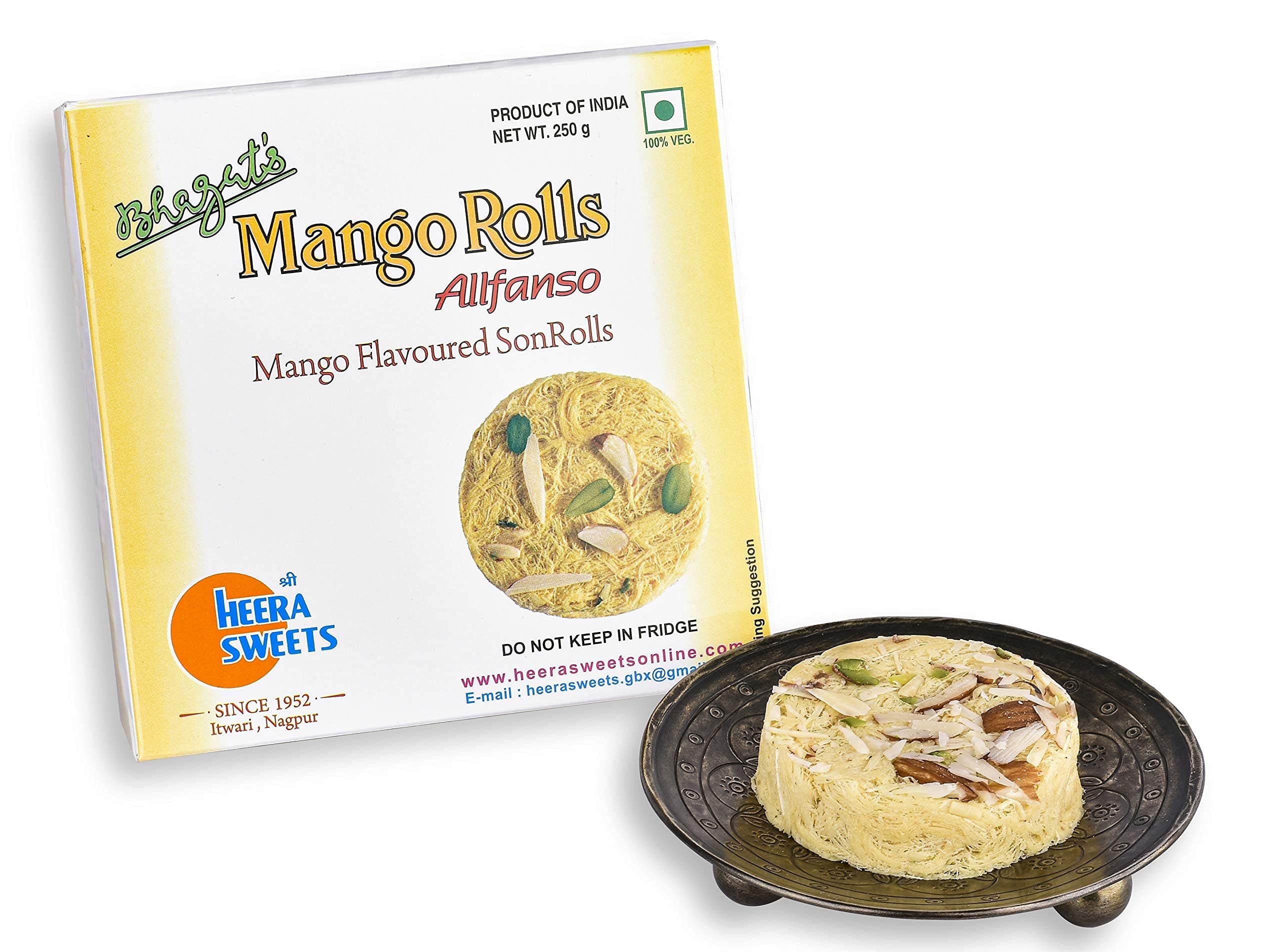 Bhagat's Heera Sweets Sonroll Mango Rolls Flavoured|Son Roll Box 250 Gram Original Delicious Son Roll With Almonds & Pistachio Garnished|Box Mango Sonroll|Preservatives Free (Pack Of 2)