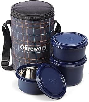 SOPL-OLIVEWARE Amber Lunch Box, Microwave Safe & Leak Proof, 3 Inside Steel Containers with BPA Free Lids (2 * 450ml & 600ml), Fabric Bag - Blue