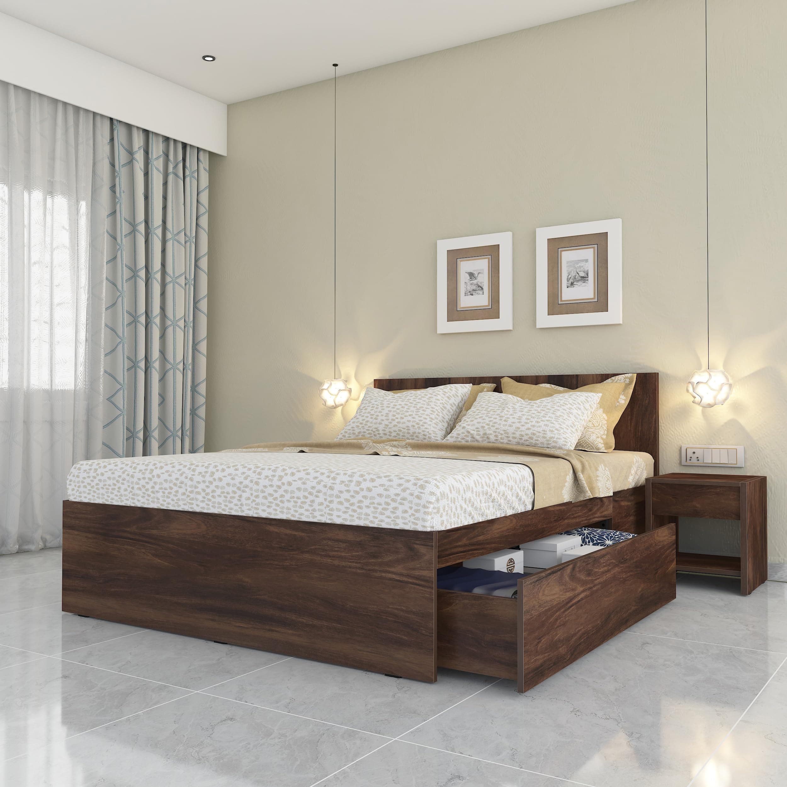 Aztecc Right Engineered Wood Queen Bed with 1 Drawer Right Matte Finish (Junglewood)