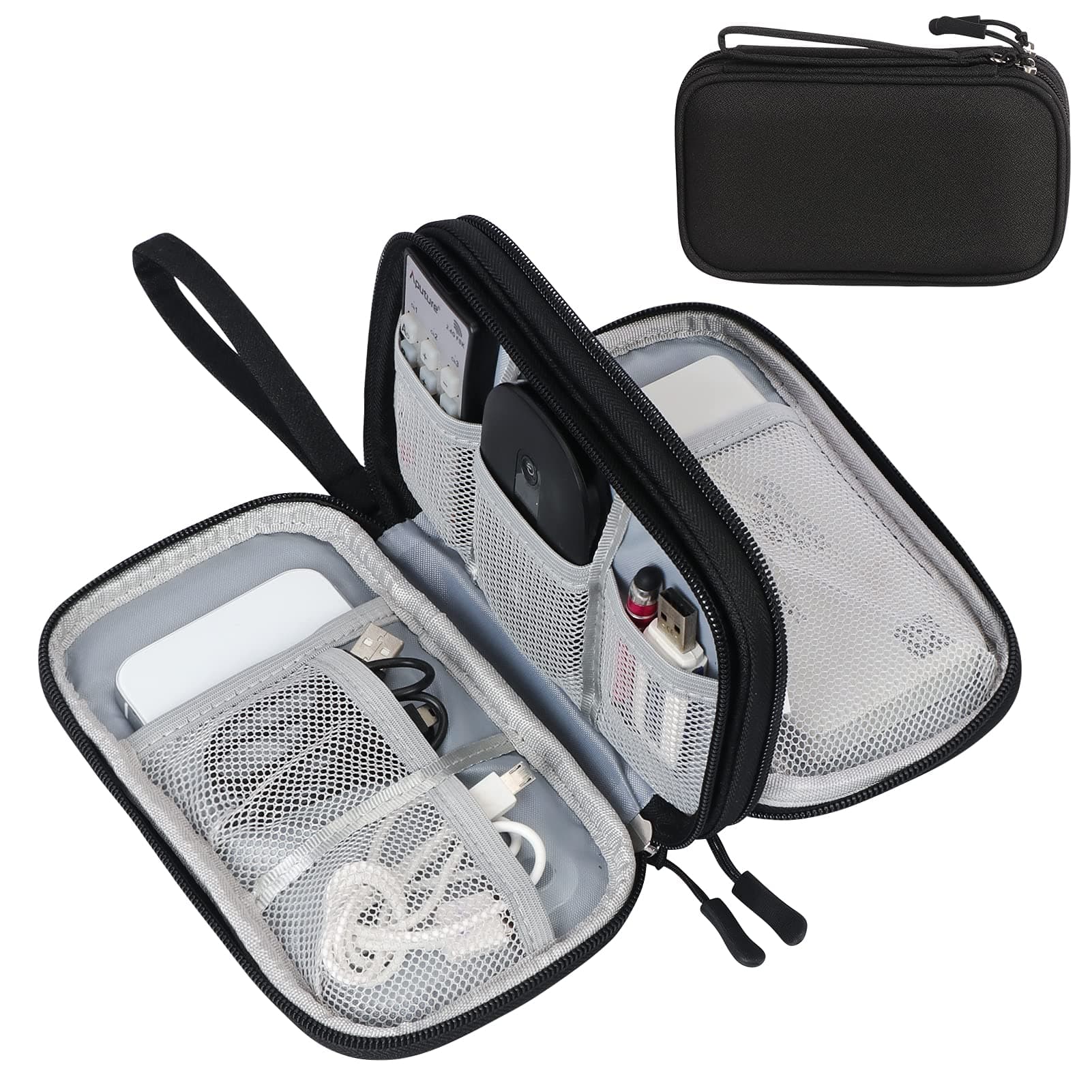 Cable Organiser Bag, Double-Layer Electronics Accessories Bag Organiser for Cables, Universal Carry Travel Gadget Bag for Cables, Power Bank, USB Drive, Charger Hard Disk - Black