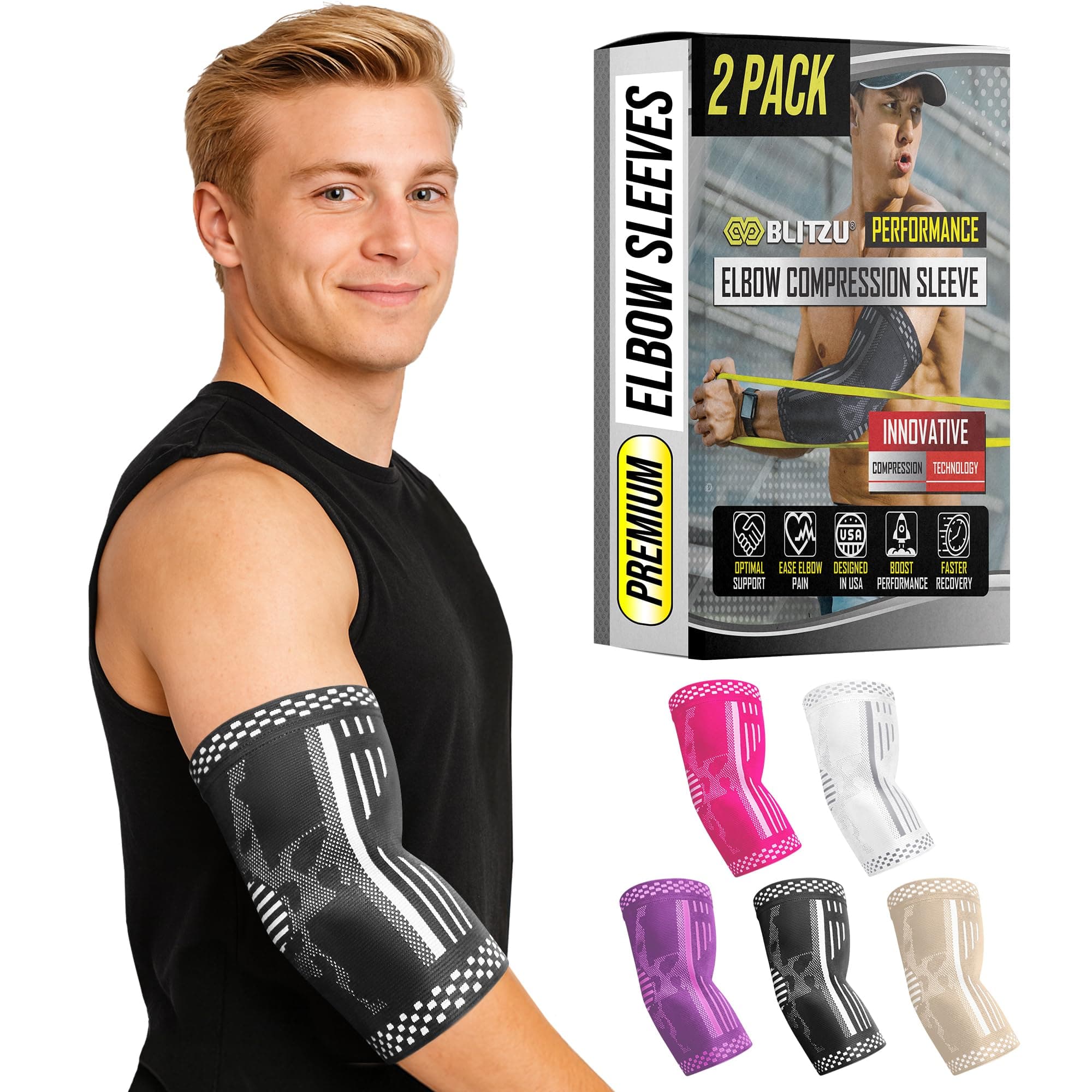 BLITZU Elbow Compression Sleeve for Tendonitis 2 Pack, Tennis Elbow Brace Support for Men and Women Golfers Elbow Pain Relief, Arthritis, Bursitis, Arm Brace for Workout, Weightlifting Black L