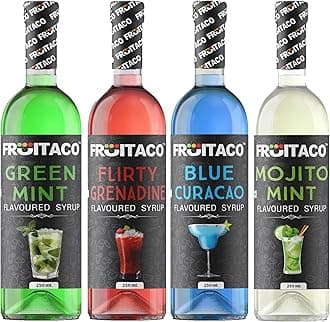 Fruitaco Blue Curacao, Grenadine, Green Mint & Mojito Mint 250ml each - Mocktail, Mojito Syrup - Perfect for Mocktails & Cocktails, Mint Syrup Flavor Pack of 4 1000ml