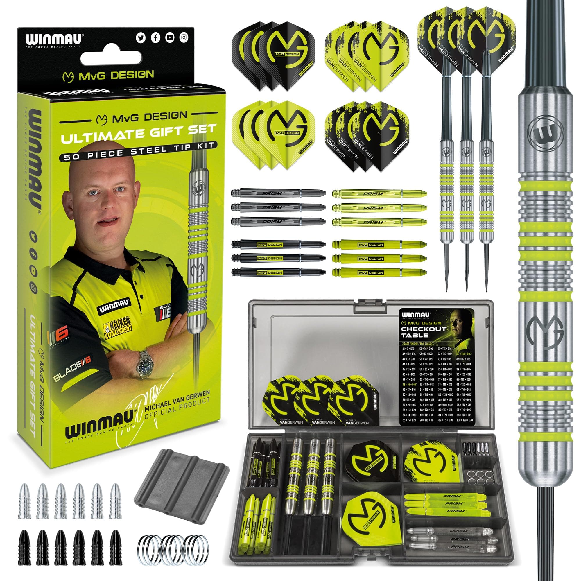WINMAU Darts Set Michael Van Gerwen MvG Steeltip or Soft Tip Gift Case - 50 Piece Dart Set | 90% Tungsten Darts | 4 x Shafts | 4 x Flights | Accessories