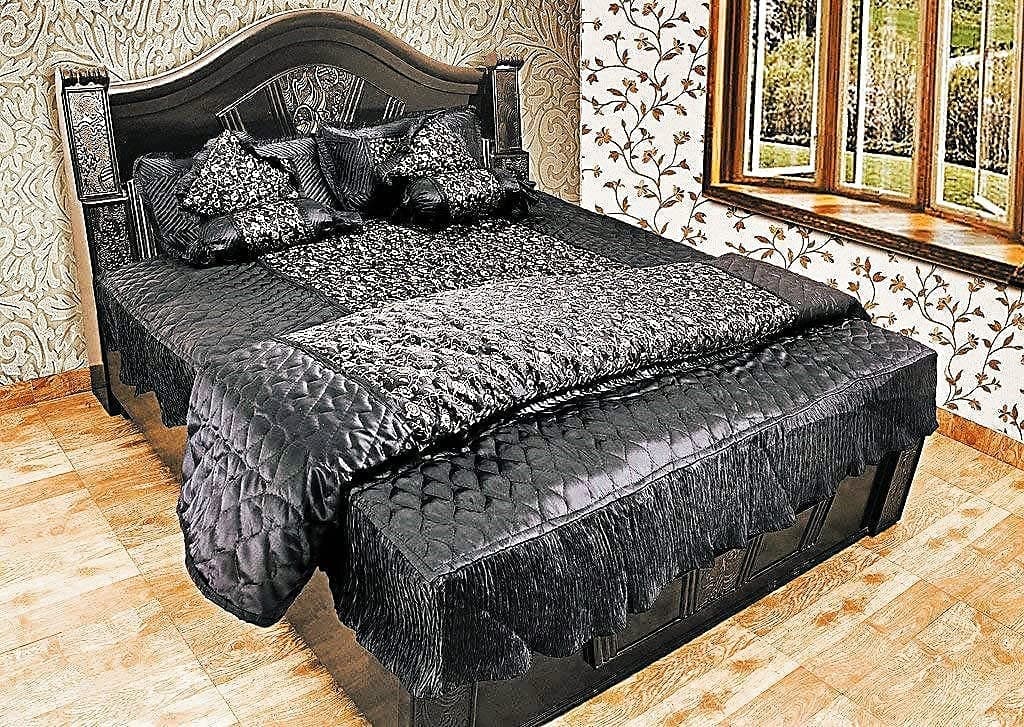 Generic Silk Luxury Gold Printed King Size Double Bed ???Wedding Bedding Bedsheet Set with 2 Pillow Cover, 2 Cushions, 2 Filled Bolsters & 1 AC Comfortar for Home & Living Room (Black)