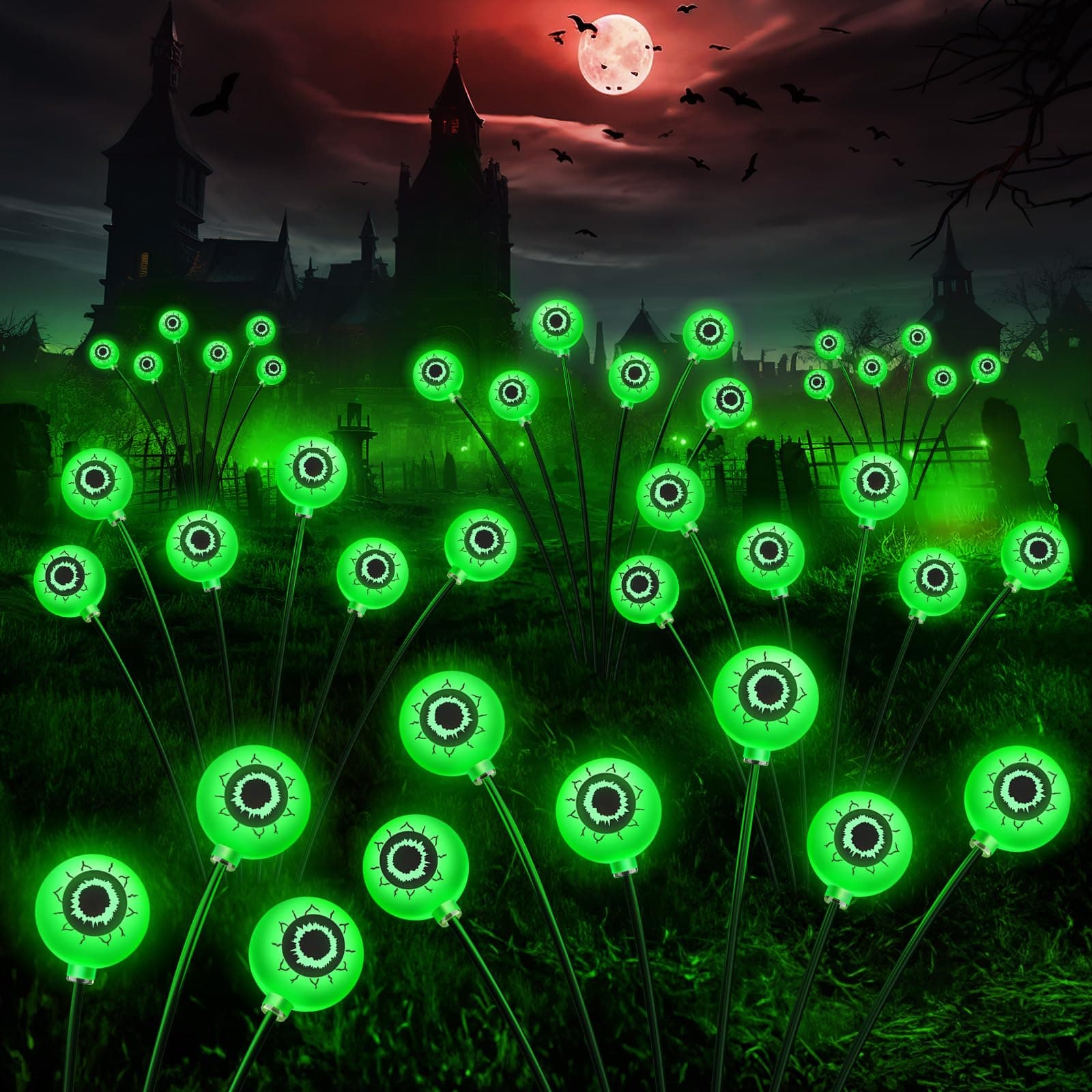 ELECLINKSolar Scary Eyeball Lights, 4Pack Waterproof Solar Halloween Path Lights for Yard, Green