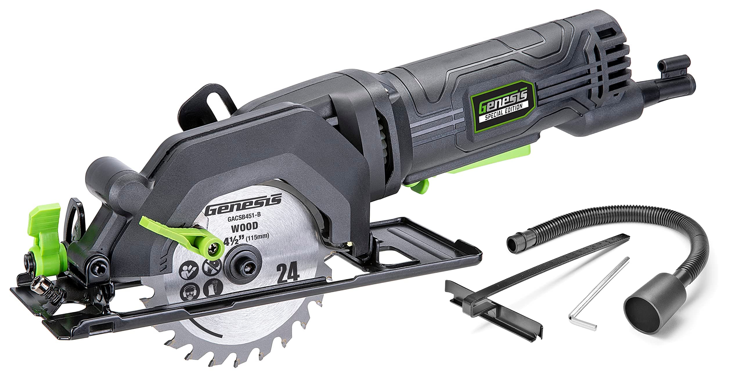 Genesis Mini Circular Saw 4.0 Amp 4-1/2" with 24T Carbide-Tipped Blade, Rip Guide, Vacuum Adapter, and Blade Wrench (GCS445SE)