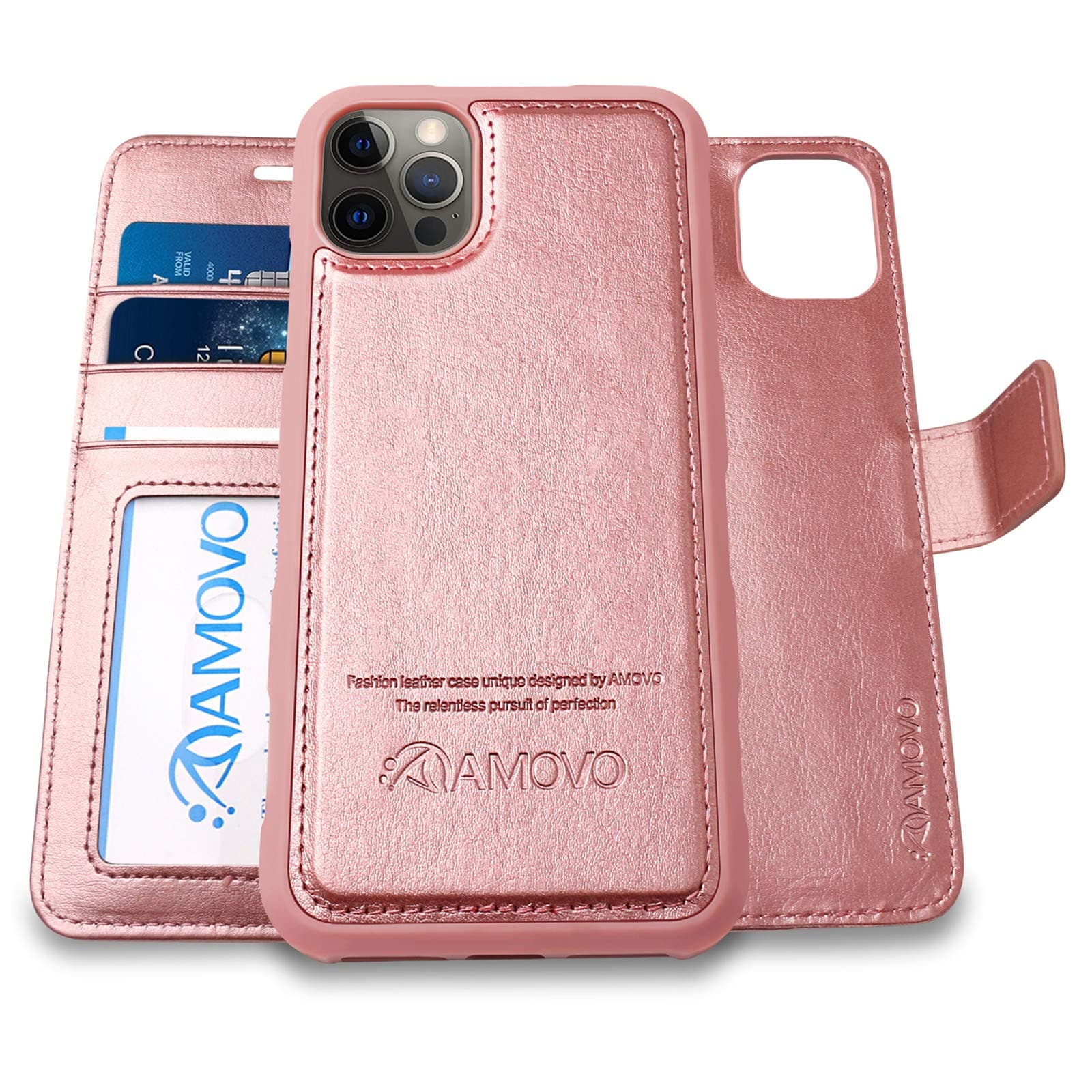 AMOVO Compatible with iPhone 12 Pro/iPhone 12 Wallet Case Detachable [Vegan Leather] [Hand Strap] [Card Slot] [Stand Feature] Flip Folio Case Cover Compatible with iPhone12/iPhone 12 Pro (Rose Gold)
