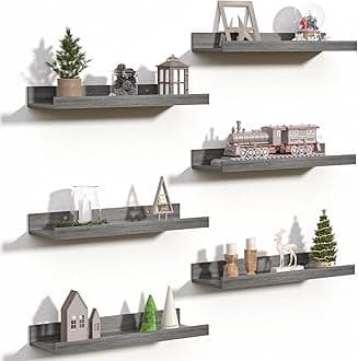 upsimples Floating Shelves for Wall, Wall Shelves for Decor Storage Set of 6, Wall Mounted Wood Shelf for Bedroom, Living Room, Bathroom, Kitchen, Picture Ledge Shelf, Grey
