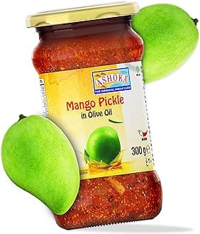Ashoka Pickled Mango in Olive Oil | All Natural | Traditional Indian Pickle | Medium Spiced | Great for Seasoning | Pickle Relish | Vegan | Kosher Certified | 300 Grams | Glass Jar (Pack of 1)