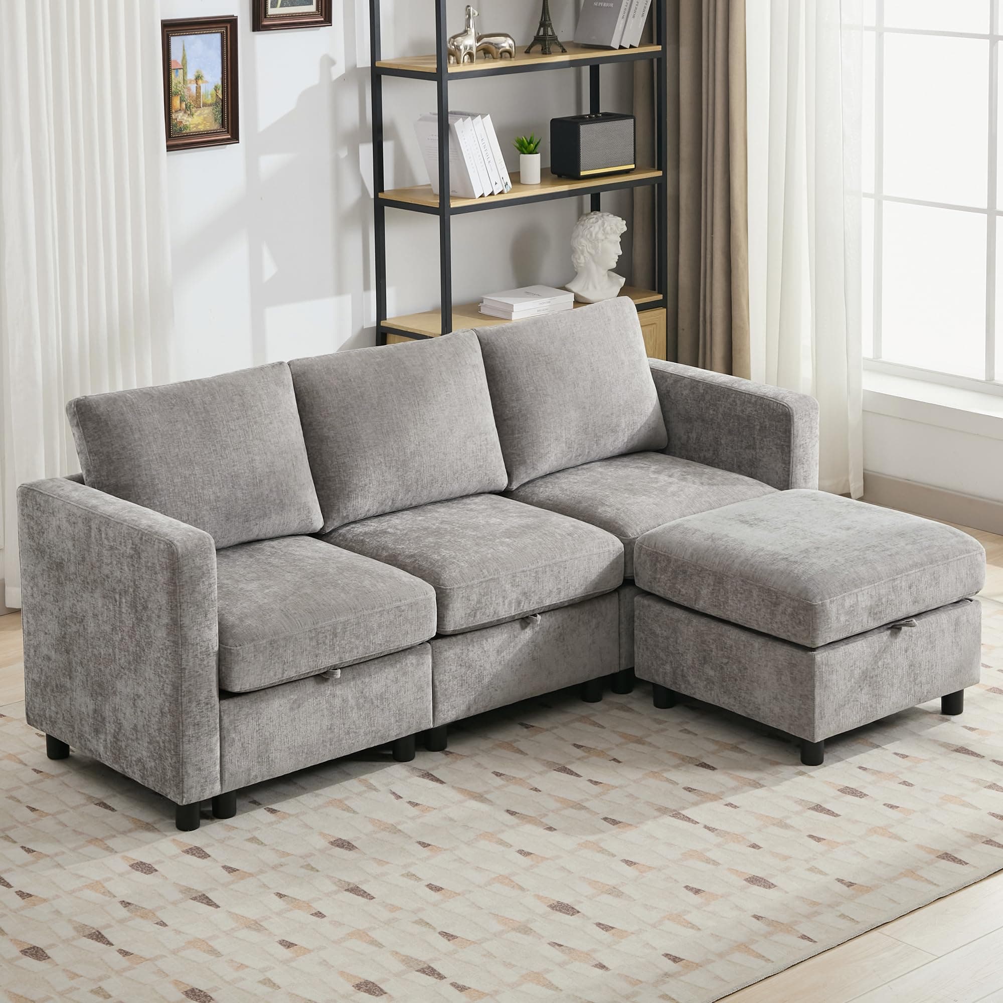 83' Modular Sectional Sofa Convertible L Shaped Couch Set for Living Room, 4 Seat Storage Modular Sofa with Movable Ottoman, Chenille(Light Grey)