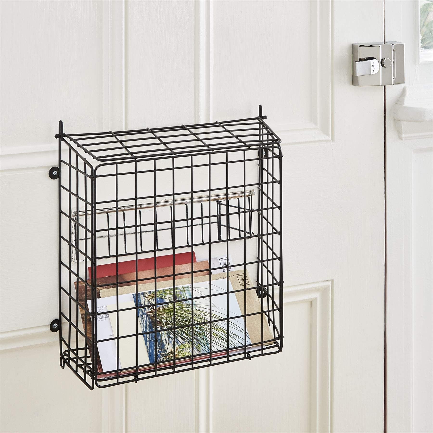 Direct Online Houseware Letter Box Mail Catcher Basket for Front Door - Letterbox Pet Post Guard Cage with Lift Up Lid (Black)