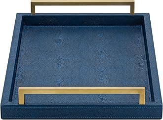 XIGEXIGE Navy Blue Decorative Serving Tray, Shagreen Leather Coffee Table Tray, Rectangle for Home Decor