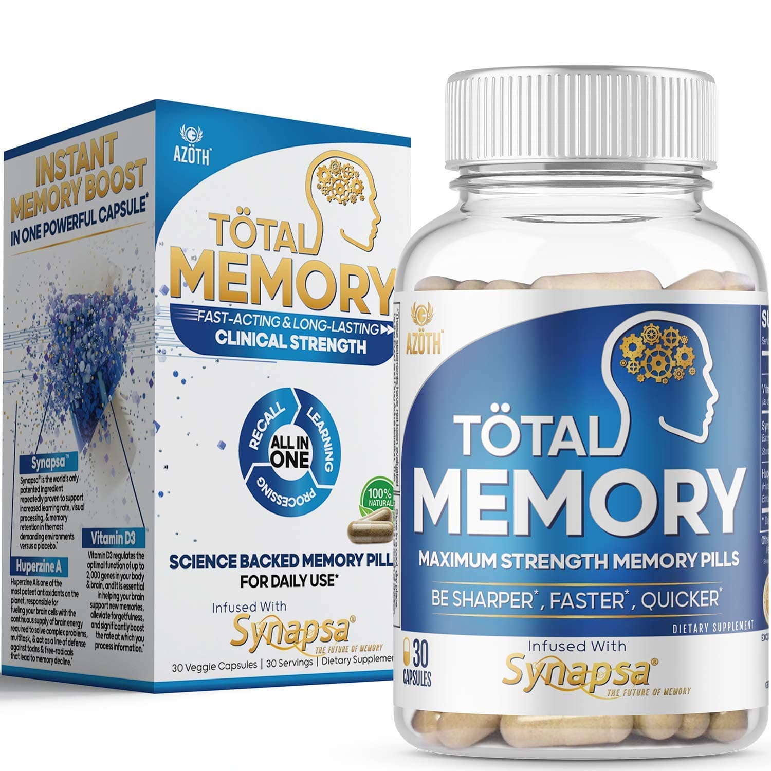 AZOTH Total Memory Supplement for Brain - Extra Strength Memory Pills to Boost Recall, Cognition, Focus, Mental Clarity - Improve Brain Health, Brain Fog, Memory Loss - Synapsa, Huperzine & Vitamin D3
