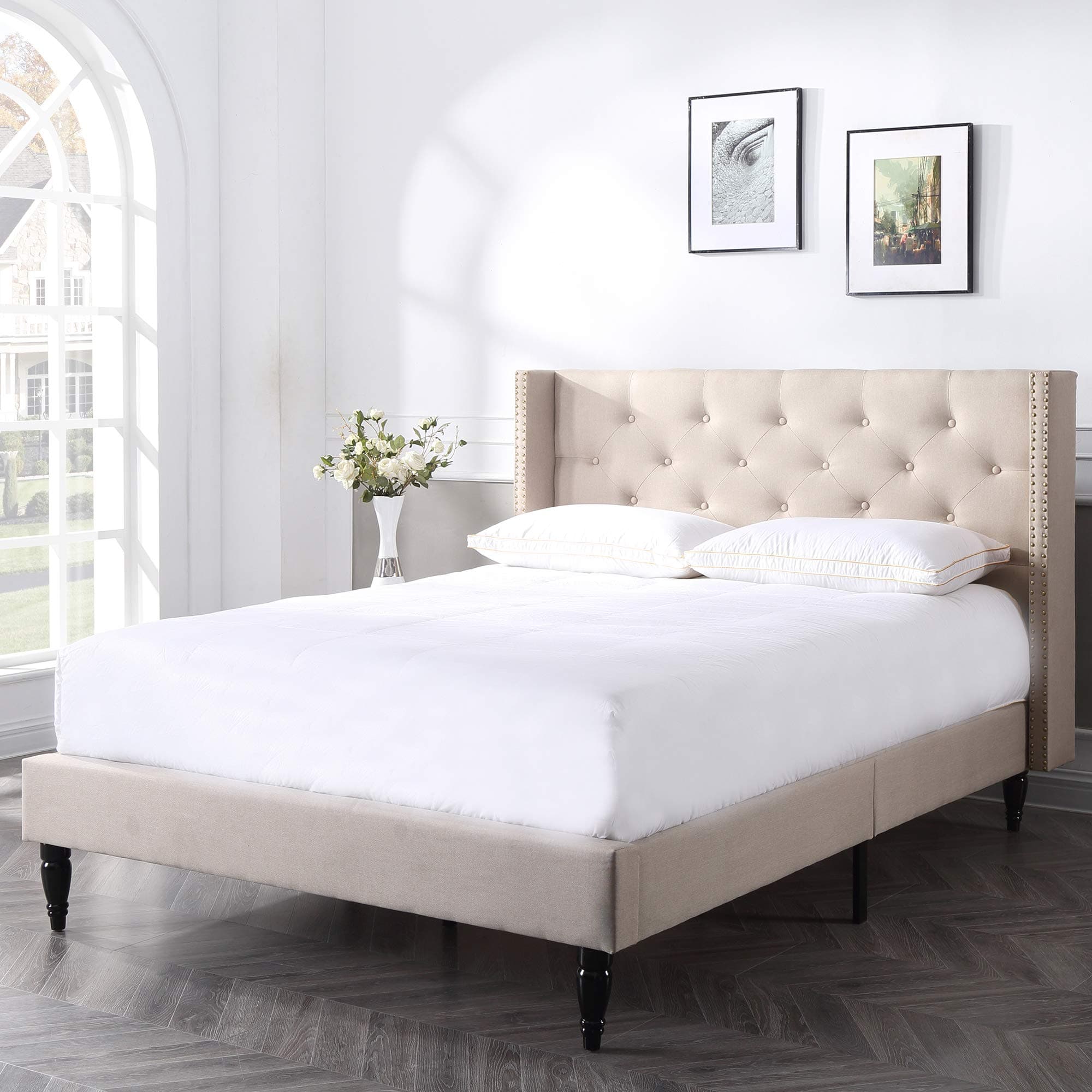 Classic Brands Berkeley Upholstered Platform Bed | Headboard and Metal Frame with Wood Slat Support, Queen, Linen