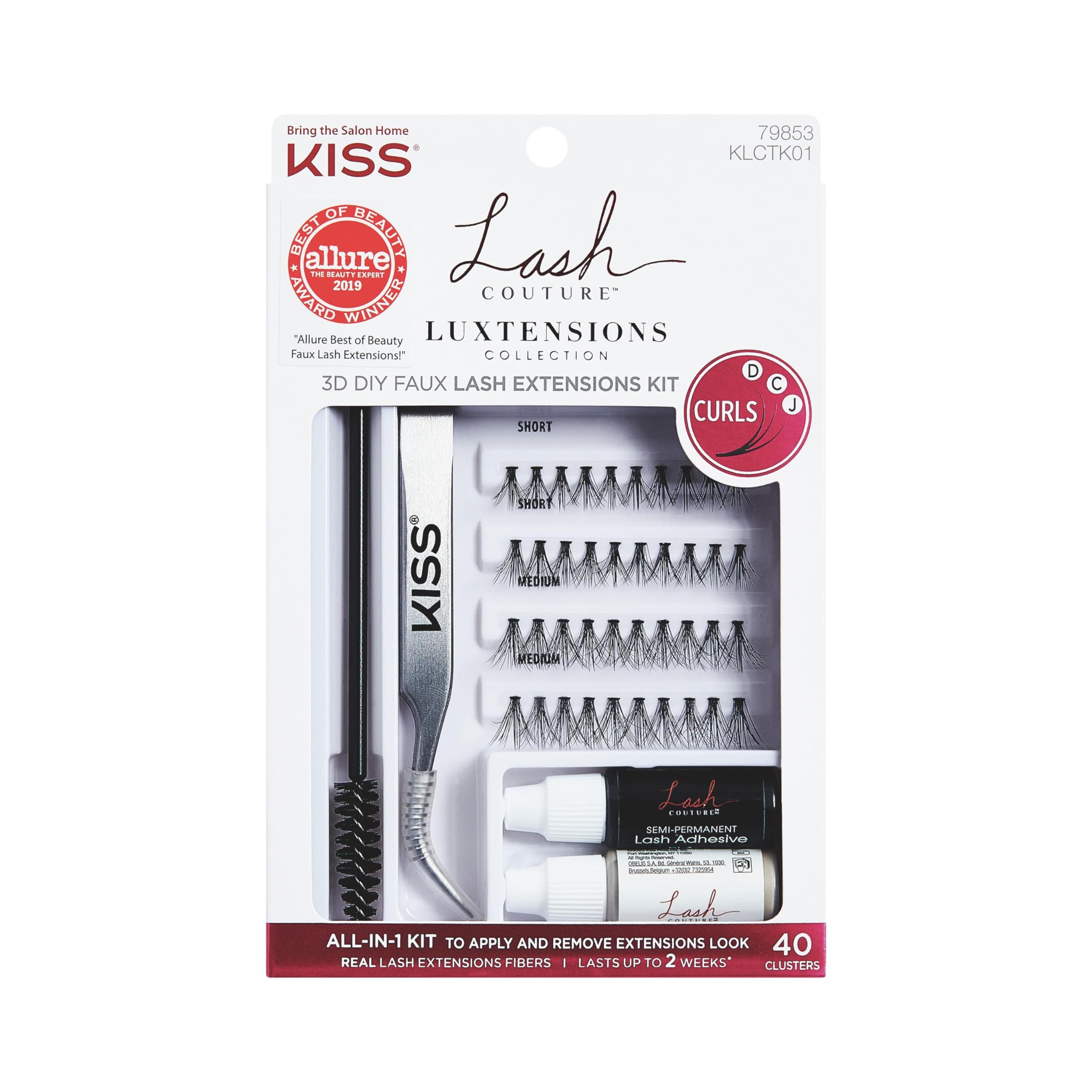 Lash Couture Luxtensions False Eyelashes, Lash Extension Kit, 40 Reusable Lash Clusters, 12mm, Tweezers, Spoolie, Semi-Permanent Lash Adhesive & Remover