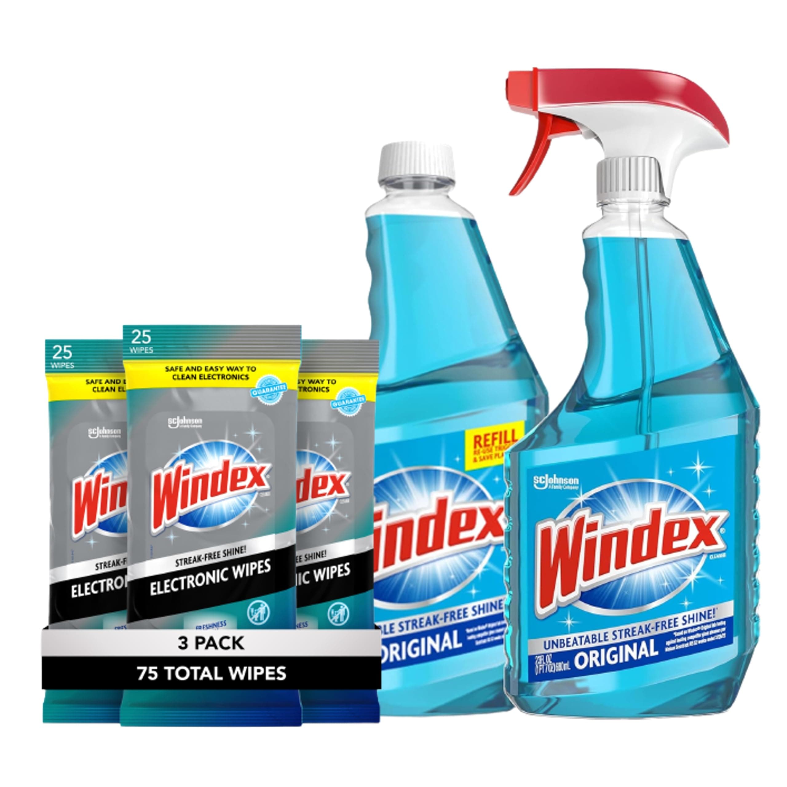 WindexBundle - Original Blue Glass and Window Cleaner 23 Fl Oz spray + 32 Oz Refill, and Electronic Screen Wipes for Computers , Phones, Televisions and More, 25 count - Pack of 3
