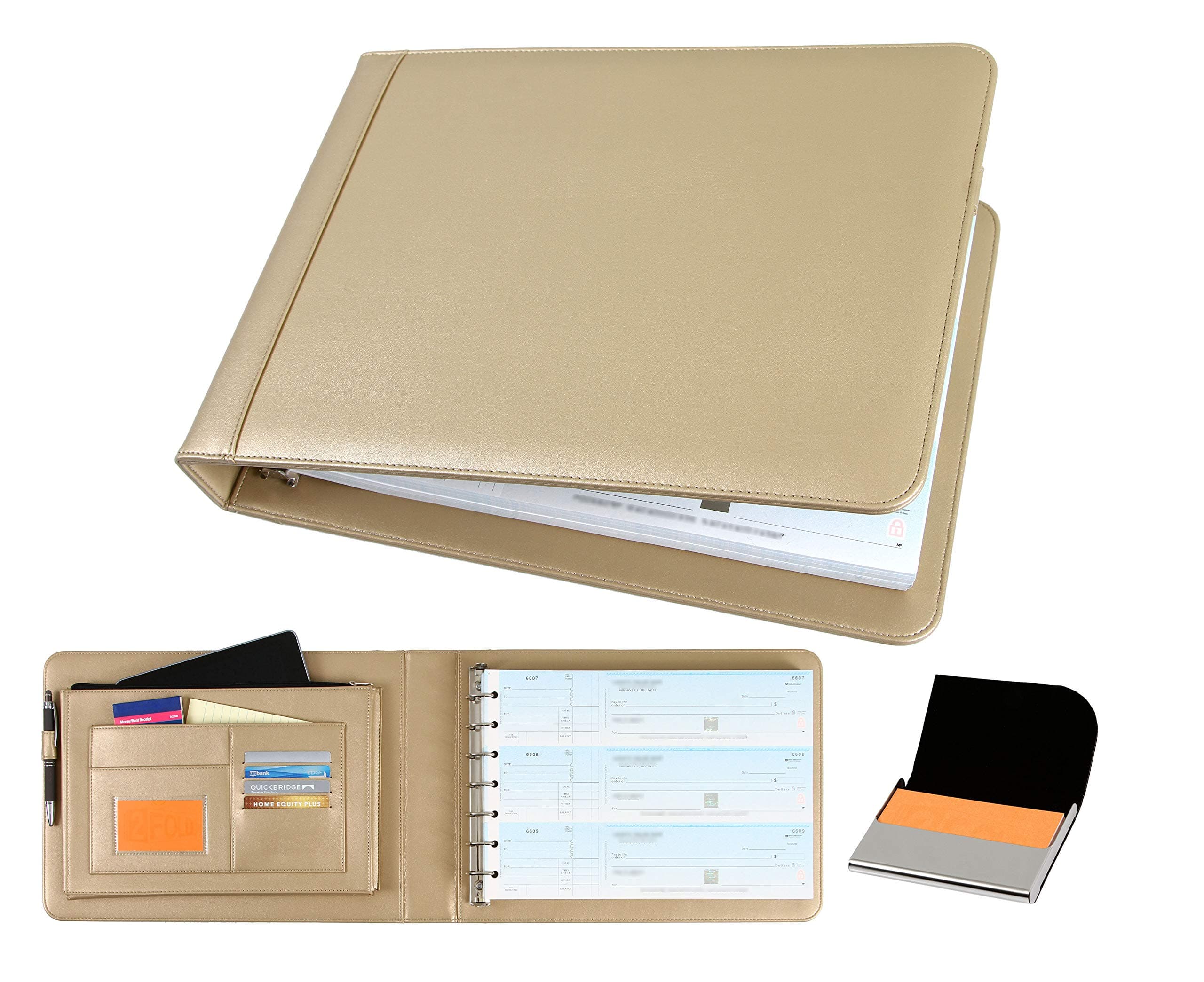 2Fold Supply Business Check Binder 7 Ring for 3-Up Business Size Checks with Extra Business Card Case - PU Leather Deluxe 7 Ring Checkbook Binder Portfolio with 600 Check Capacity and Storage