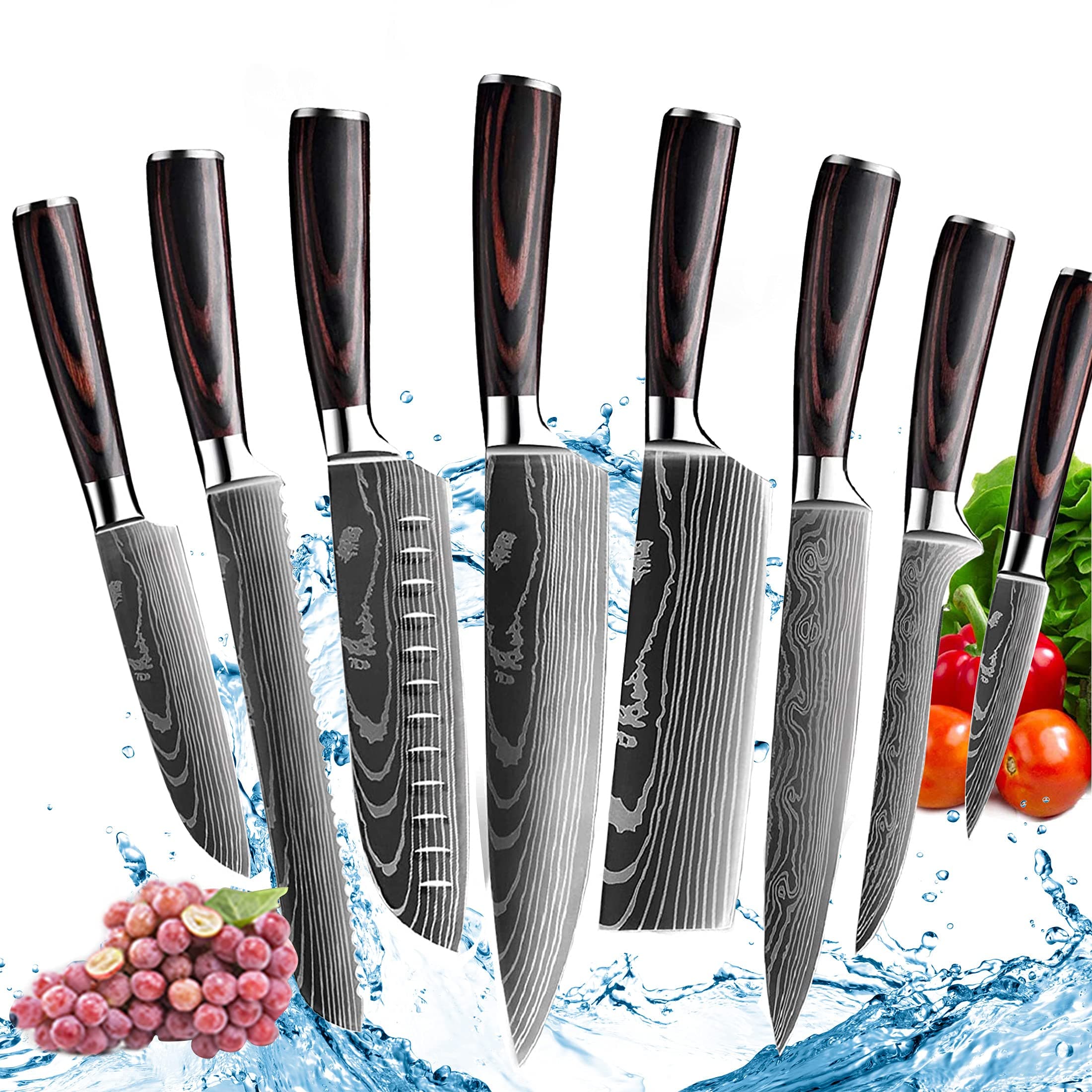 Kitchen Chef Knife Sets,8 Pieces Professional High Carbon Stainless Steel Chef Knives, Pakkawood Handle,3.5-9 Inch Ultra Sharp Cooking Knife for Vegetable Meat Fruit