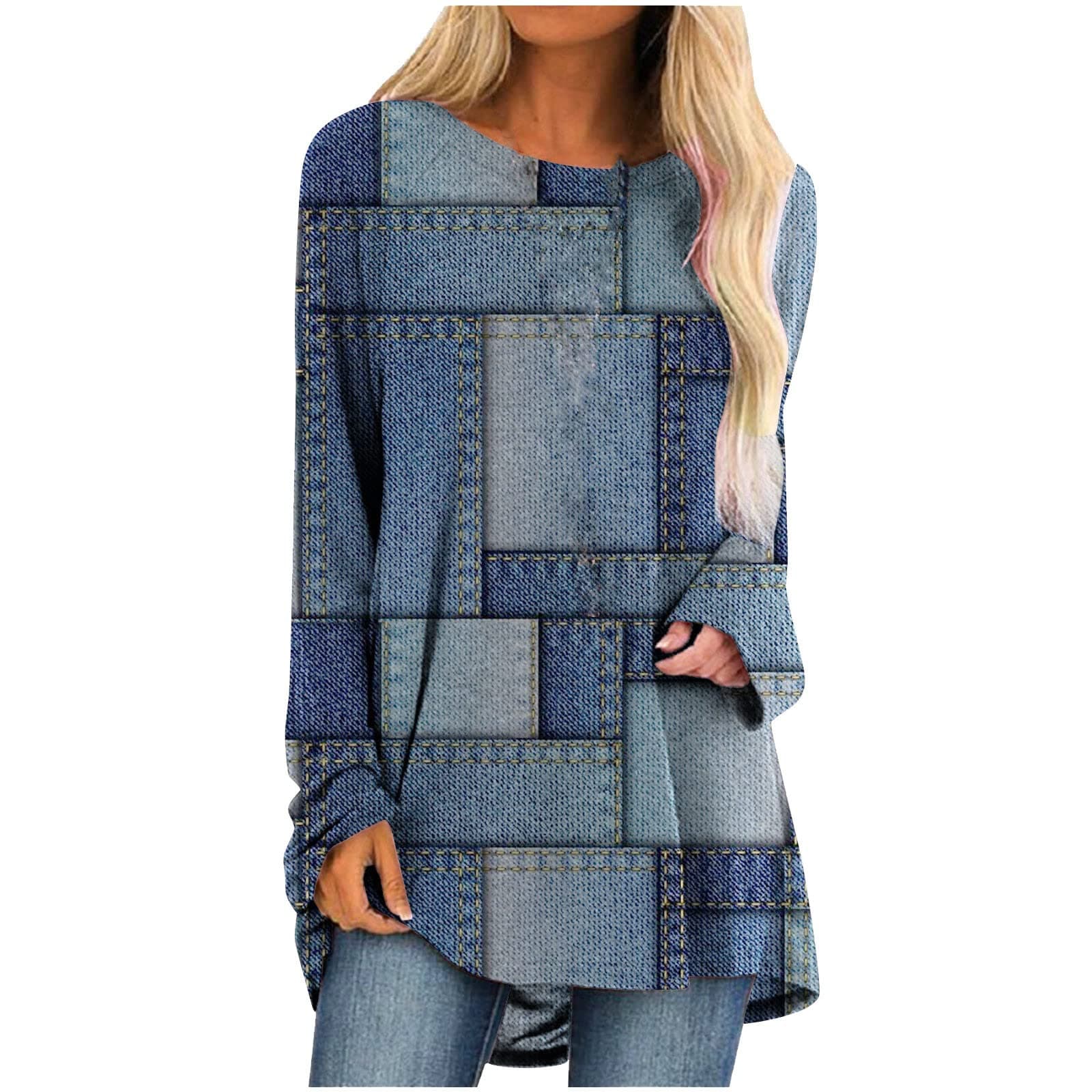 Women's Dressy Pullovers Irregular Patchwork Print Blouse Casual Loose Long Sleeve Round Neck Tunic T Shirt Tops