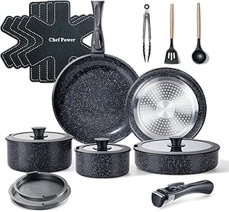 Chef Power Ceramic Nonstick Cookware Set 19 Piece with Detachable Handle, Induction Dishwasher Oven Safe Pans and Pots Set, RV Kitchen Set Removable Handle, Rock Stone Black