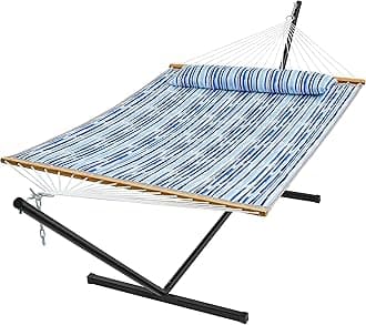 SUPERJAREHammock with Stand, 2 Person Quilted Outdoor Hammock, Detachable Pillow & Bamboo Spreaders, Portable Hammock with Carrying Bag, Heavy Duty Stand, Perfect for Outside, Patio, Graffiti Blue
