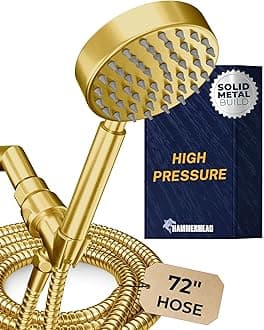 Solid Metal Handheld Shower Head with Hose and Brass Holder - BRUSHED GOLD - 2.5 GPM High Pressure Shower Heads with Adjustable Shower Wand Bracket - 6ft Flexible Extension