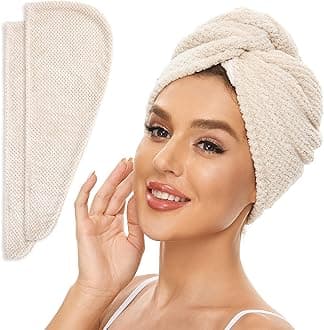 SimpleField 2 Pack Microfiber Hair Towel Wrap for Women, Anti Frizz Quick Drying Hair Turban for All Hair Style, Absorbent and Lightweight (Beige)