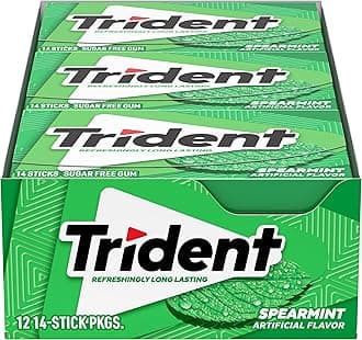 Trident Spearmint Artifically Flavor Sugar Free Gum, 14 Sticks, 12 Pack علكة ترايدنت بالنعناع الصناعي بدون سكر