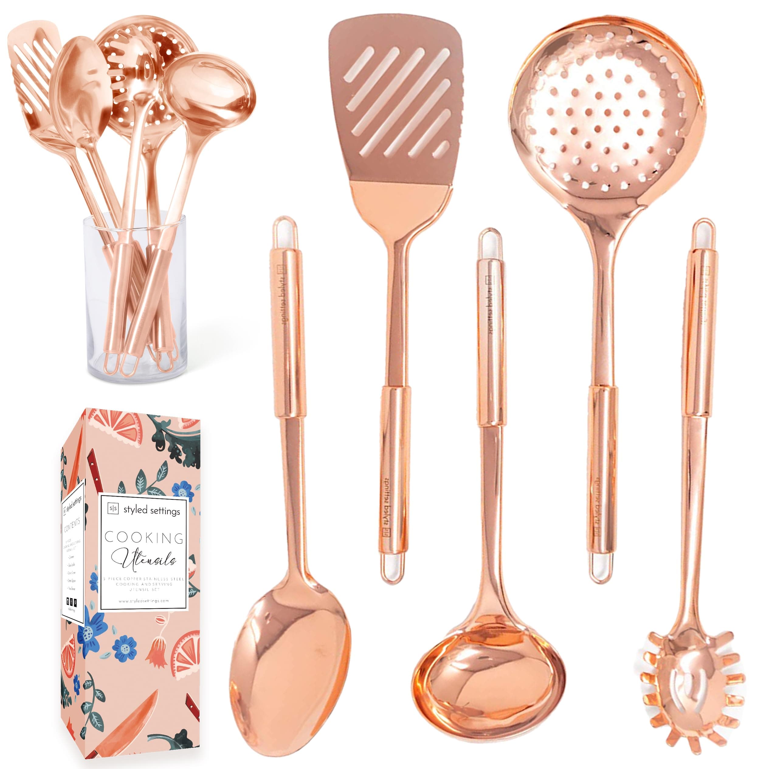 Copper Cooking Utensils Set – 5-Piece Rose Gold Stainless Steel Kitchen Tools for Cooking and Serving Includes Ladle, Spoon, Pasta Fork, Spatula, and Skimmer – Stylish Copper Kitchen Accessories