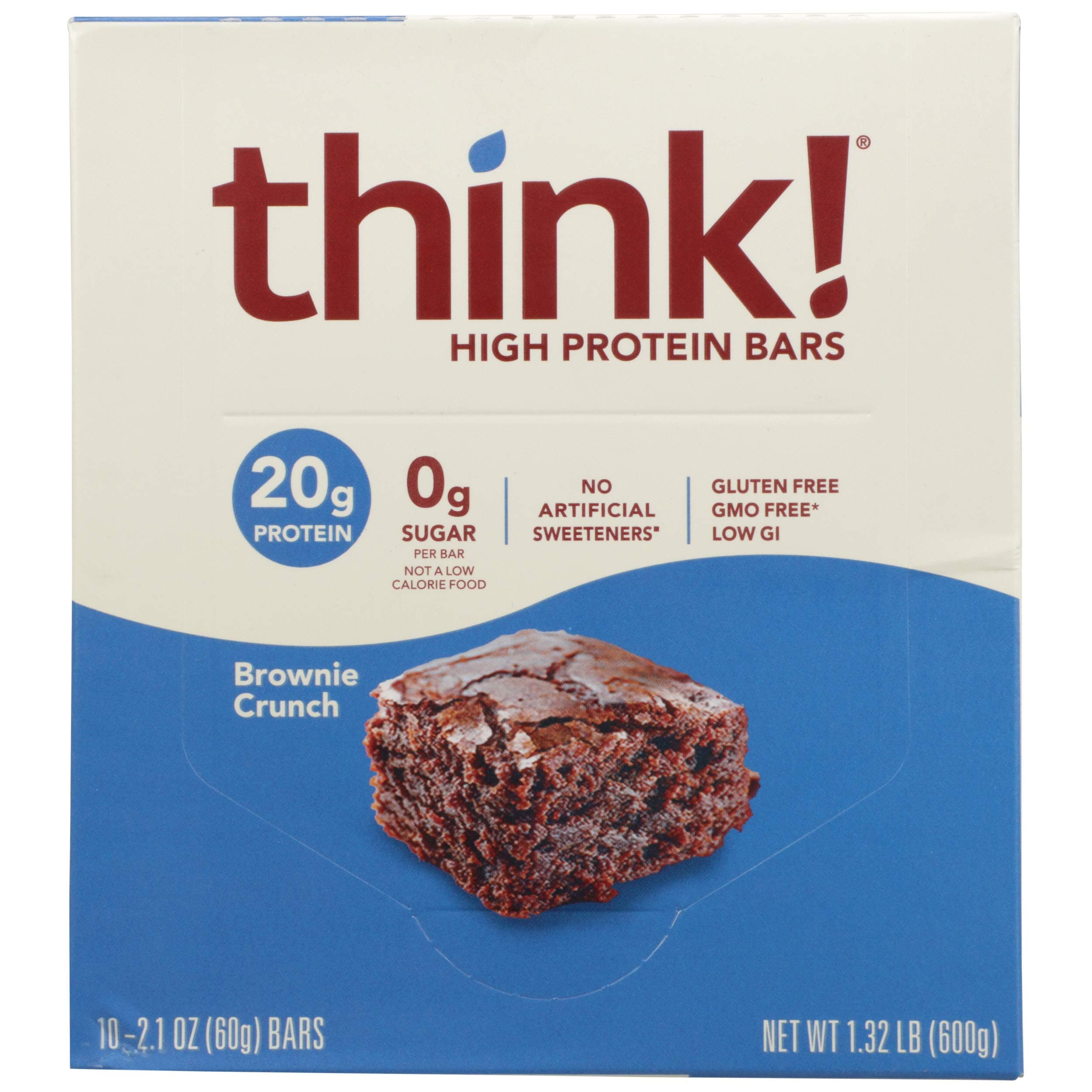 thinkThin Think! Protein Bars, High Protein Snacks, Gluten Free, Sugar Free Energy Bar with Whey Protein Isolate, Brownie Crunch, Nutritional Bars Without Sweetness