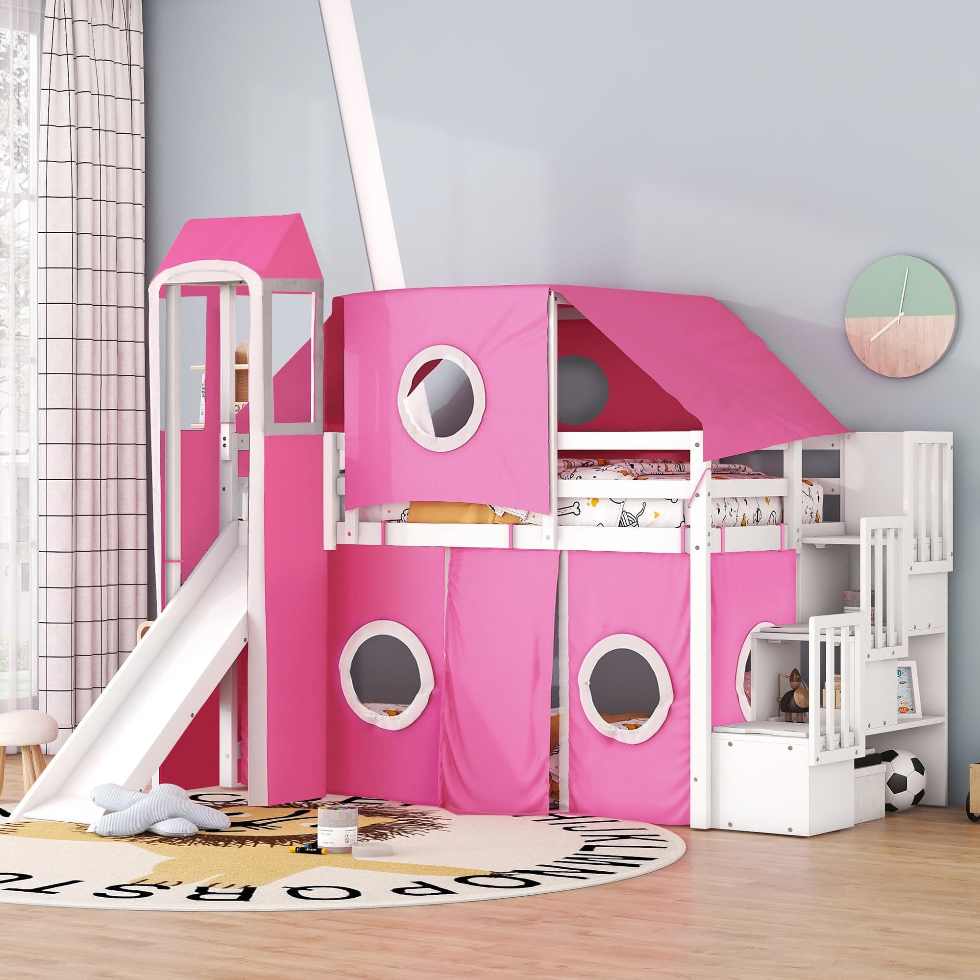 Merax Low Loft Bed Twin Size with Slide and Storage Stairs, Wood Loft Bed with Tent & Tower, for Boys & Girls, Pink