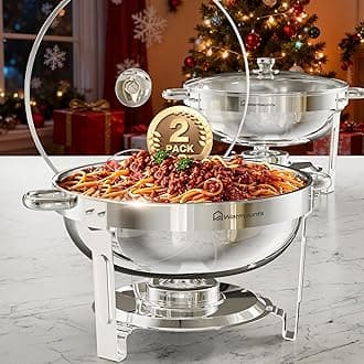 WARMOUNTS 5QT Round Chafing Dishes for Buffet with Glass Lid 2 Pack, Chafers and Buffet Warmers Set with Mirror-Polished Stainless Steel, Rolled Rim, Stackable, Lid Holder for Parties, Catering