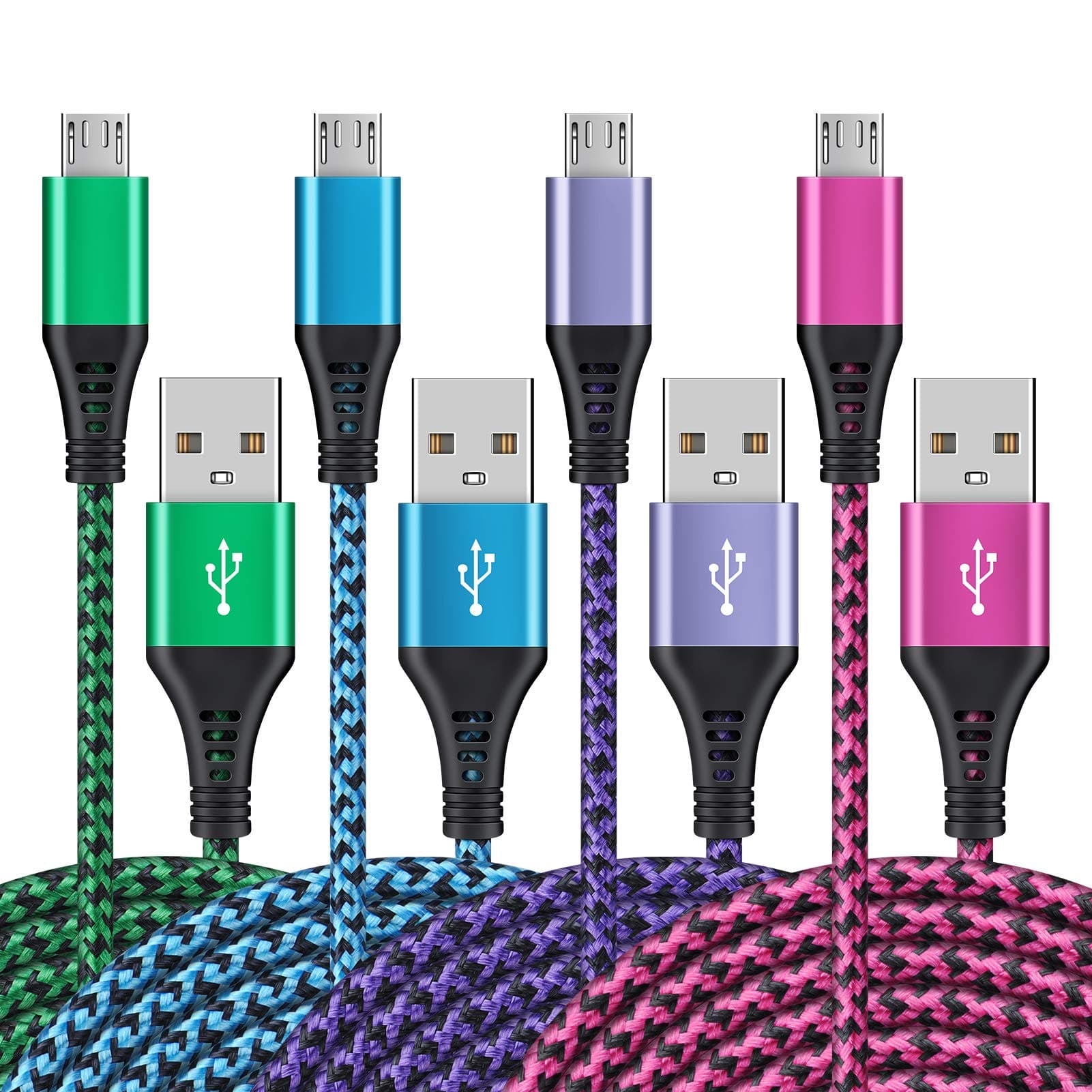 كابلات Micro USB [عبوة من 4 قطع/6 أقدام] كابل شاحن AILKIN Android USB 2.0A ذكر إلى Micro B، سلك شحن سريع للبيانات، كابل خط طاقة مضفر من النايلون الملون لهاتف Samsung Galaxy S7 S6 J7 J8 Kindle Fire